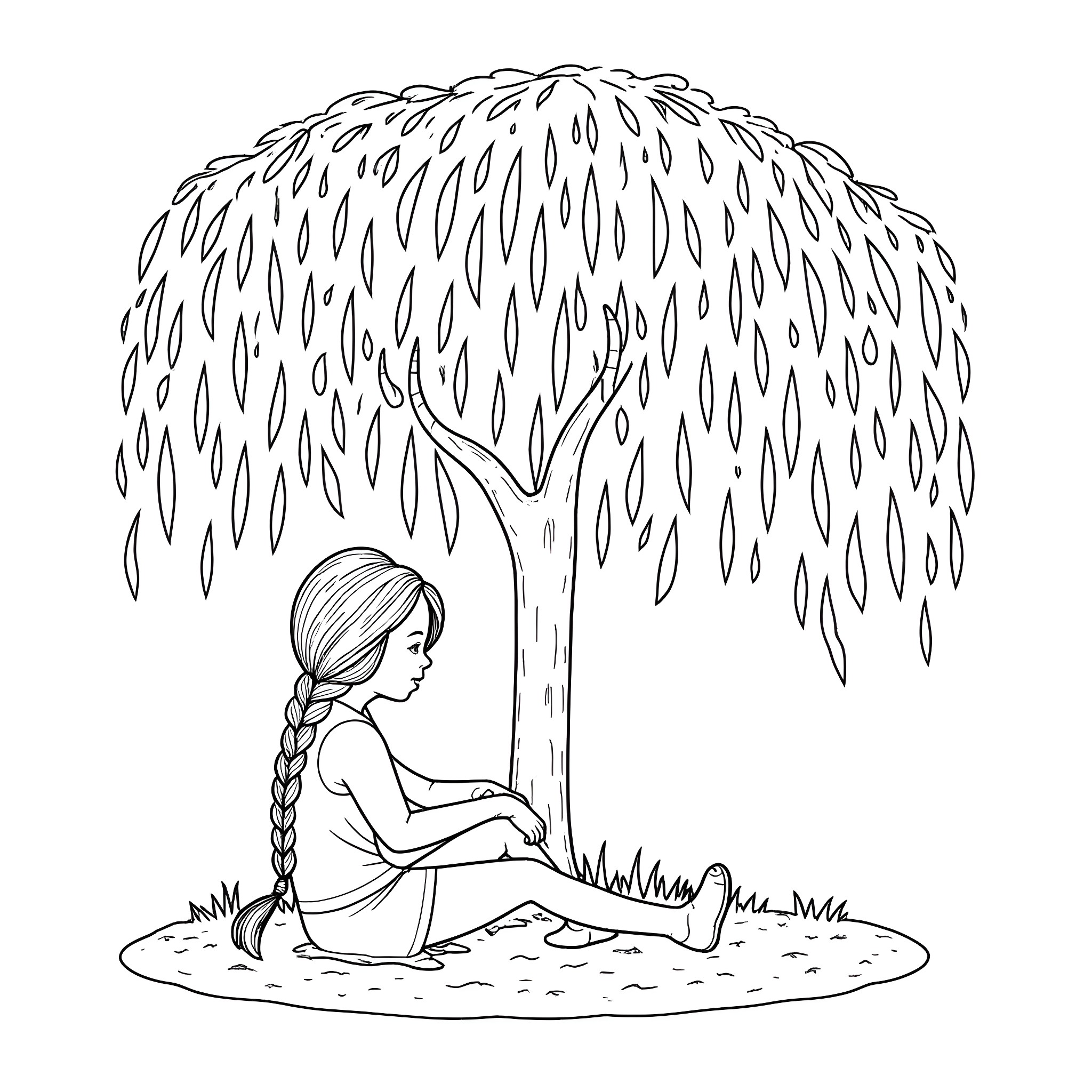 Girl sitting under a willow tree Coloring Page (free black-and-white line drawing printable PDF for all, from beginners to advanced learners, including children, teens, adults, and seniors)