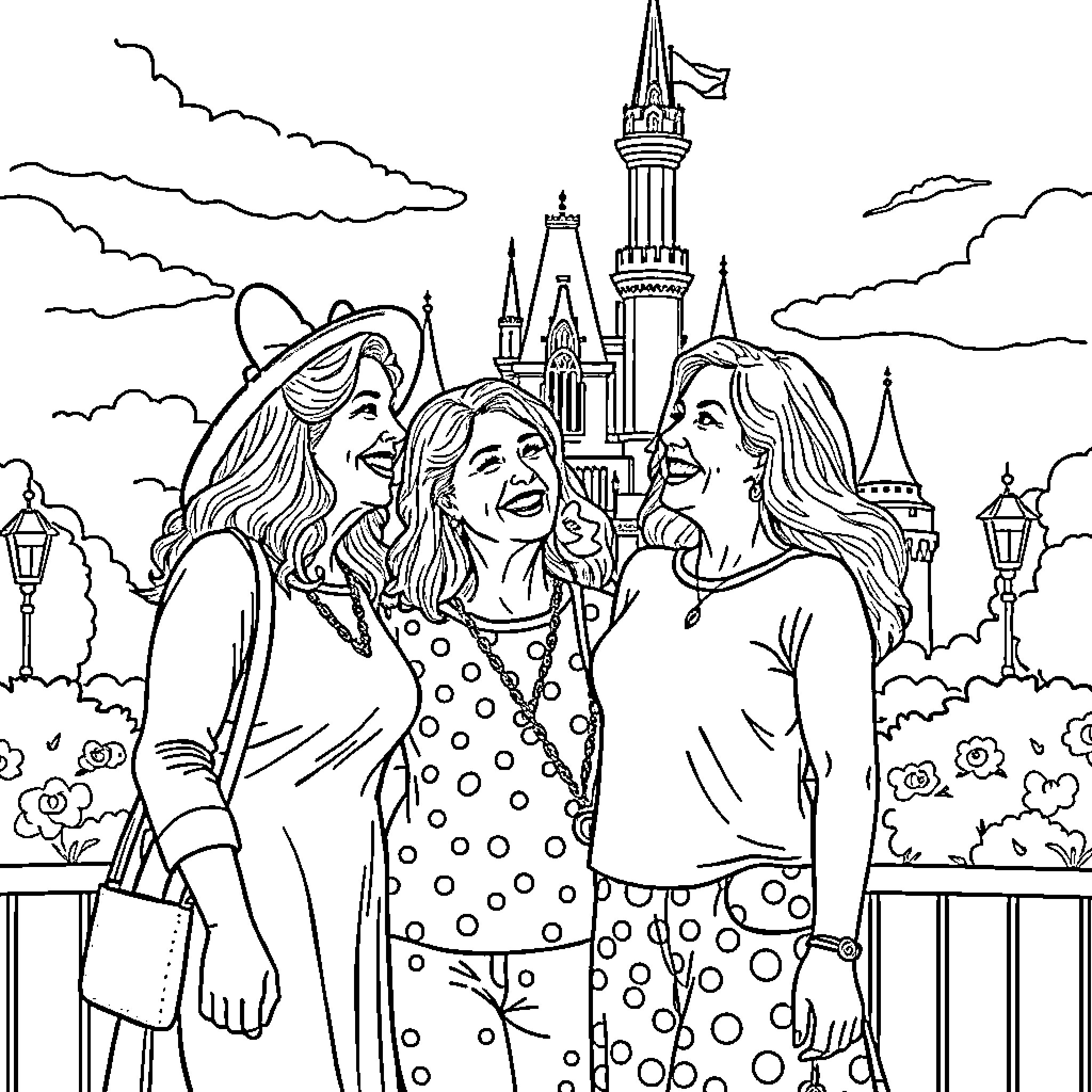 Golden Girls Celebrate in Magical Kingdom Coloring Page (free black-and-white line drawing printable PDF for all, from beginners to advanced learners, including children, teens, adults, and seniors)