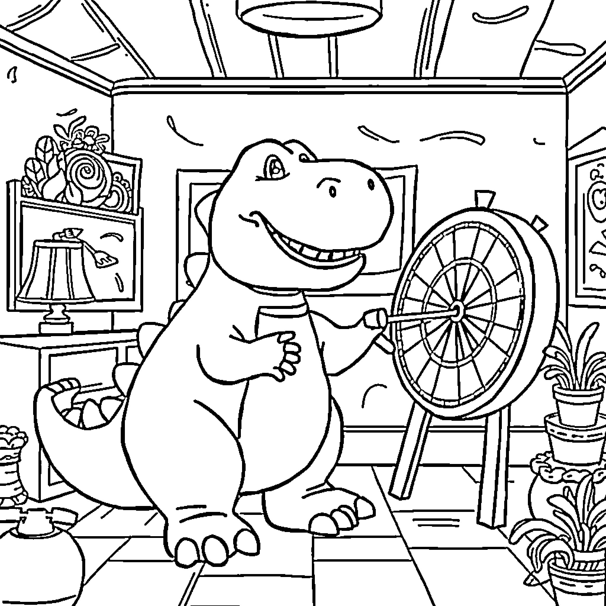 Barney the Dinosaur Enjoys Art and Crafts in His Studio Coloring Page (free black-and-white line drawing printable PDF for all, from beginners to advanced learners, including children, teens, adults, and seniors)