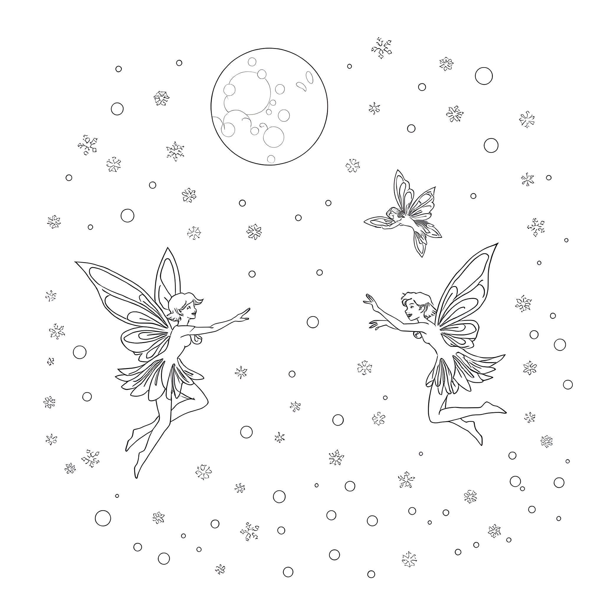 Fairy Dancers in Snowy Wonderland Coloring Page (free black-and-white line drawing printable PDF for all, from beginners to advanced learners, including children, teens, adults, and seniors)
