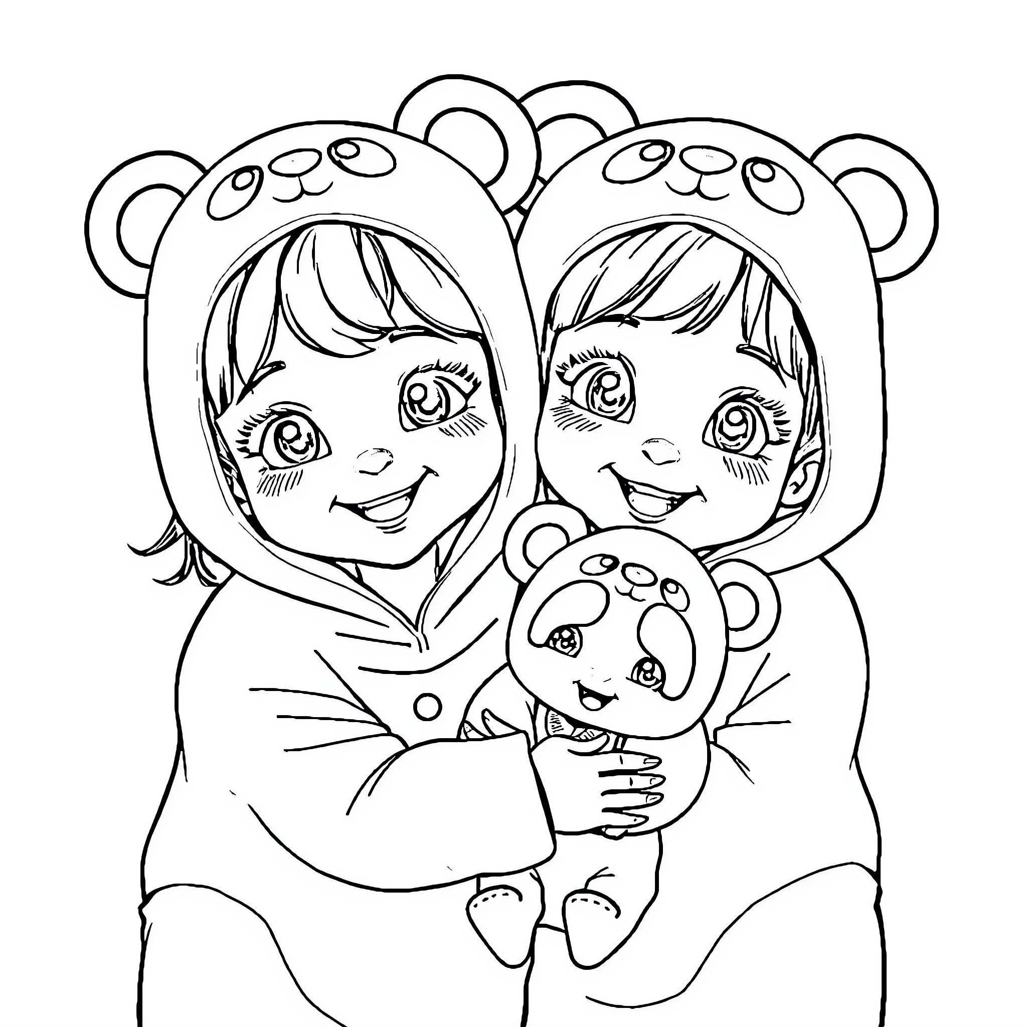 Panda siblings cuddling with plush toy Coloring Page (free black-and-white line drawing printable PDF for all, from beginners to advanced learners, including children, teens, adults, and seniors)