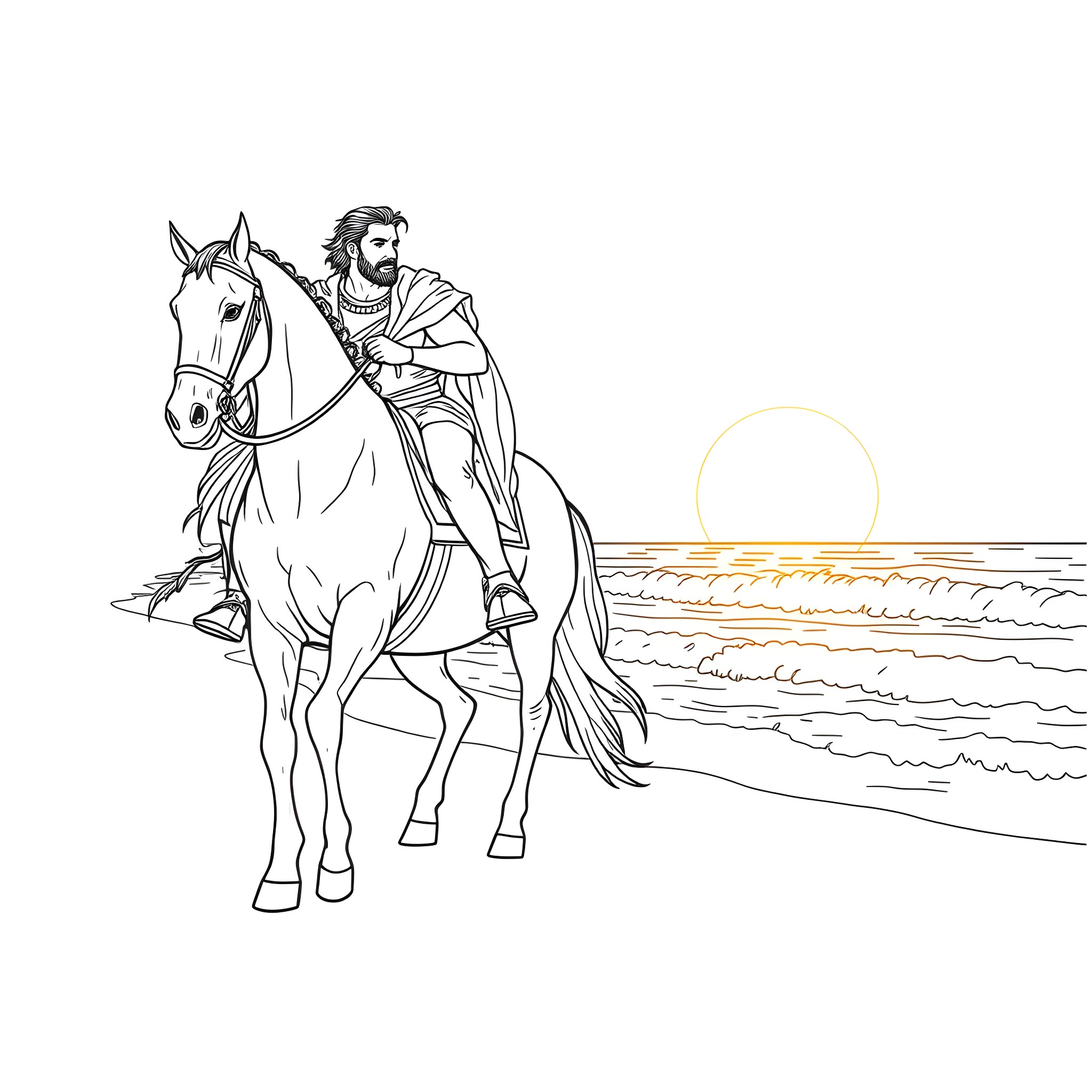Roman Reigns on Horseback at Sunset Coloring Page (free black-and-white line drawing printable PDF for all, from beginners to advanced learners, including children, teens, adults, and seniors)