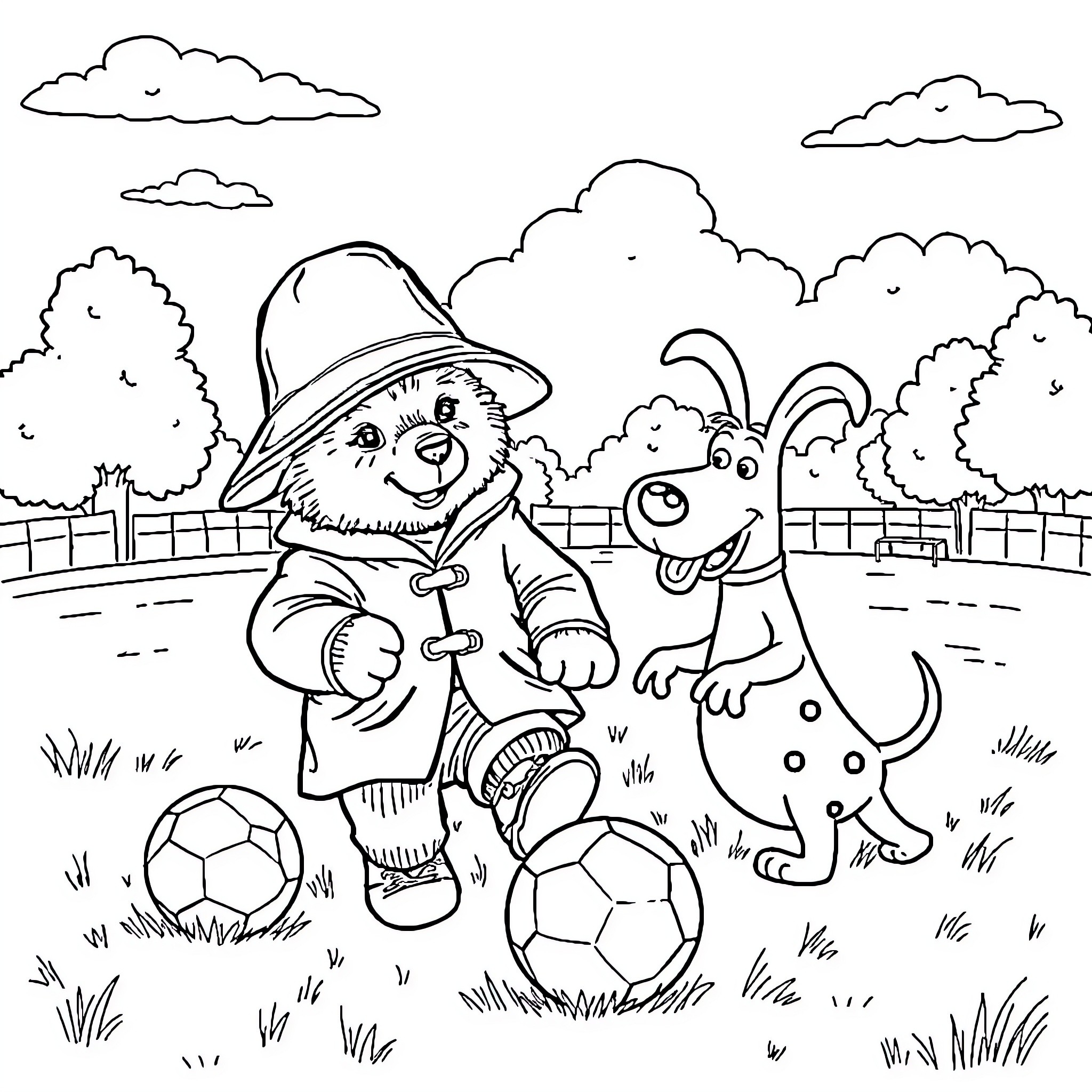 Paddington Bear and his canine companion playing with soccer balls Coloring Page (free black-and-white line drawing printable PDF for all, from beginners to advanced learners, including children, teens, adults, and seniors)