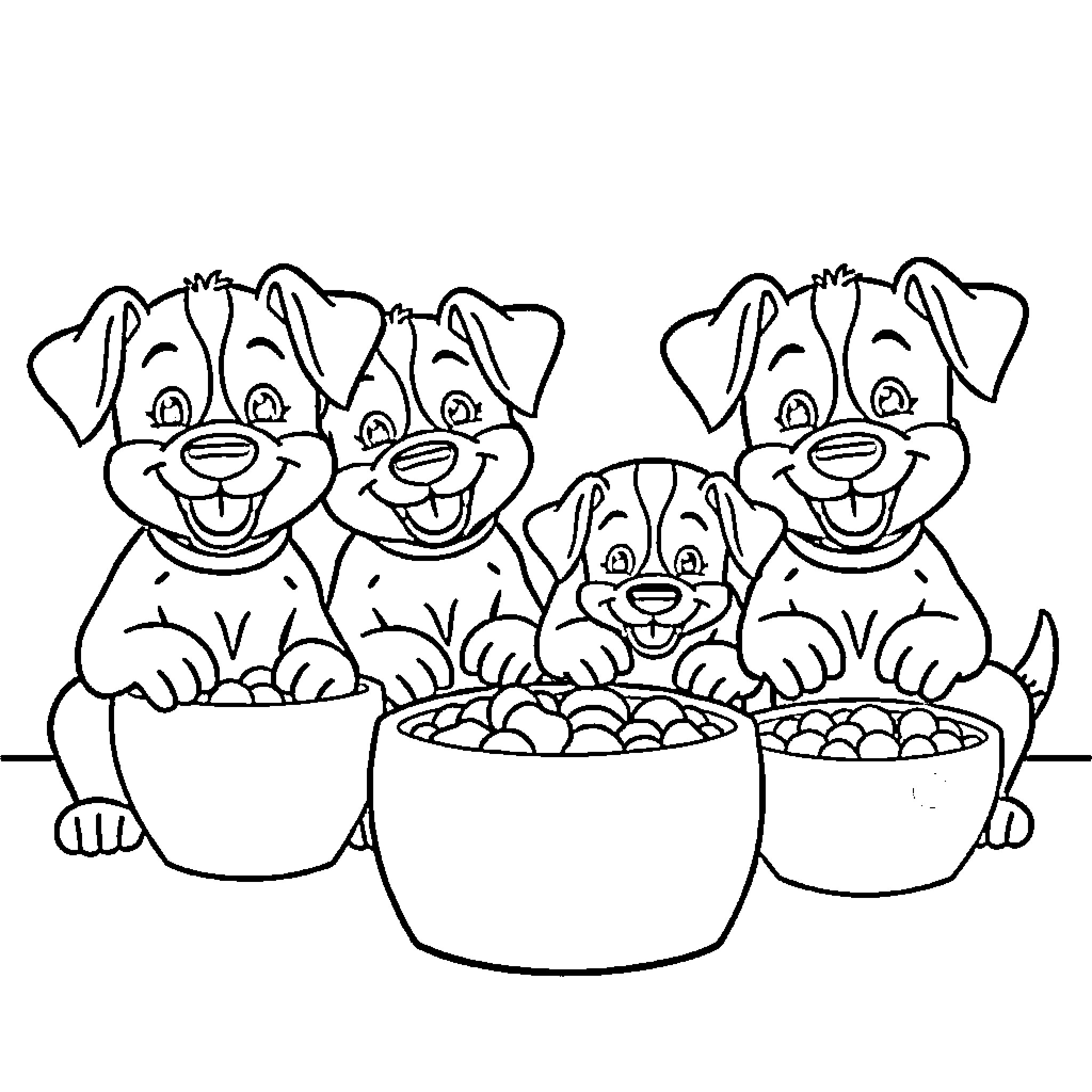 Puppies enjoying treats in bowls Coloring Page (free black-and-white line drawing printable PDF for all, from beginners to advanced learners, including children, teens, adults, and seniors)
