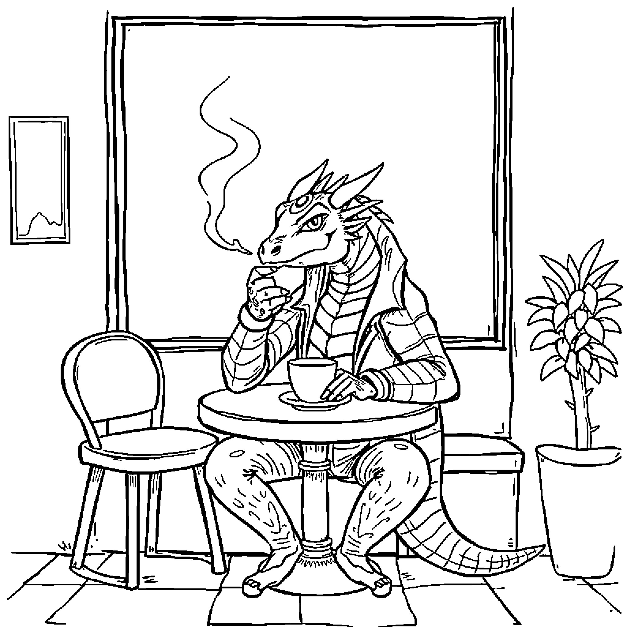 Dracaufeu relaxing with a hot beverage Coloring Page (free black-and-white line drawing printable PDF for all, from beginners to advanced learners, including children, teens, adults, and seniors)