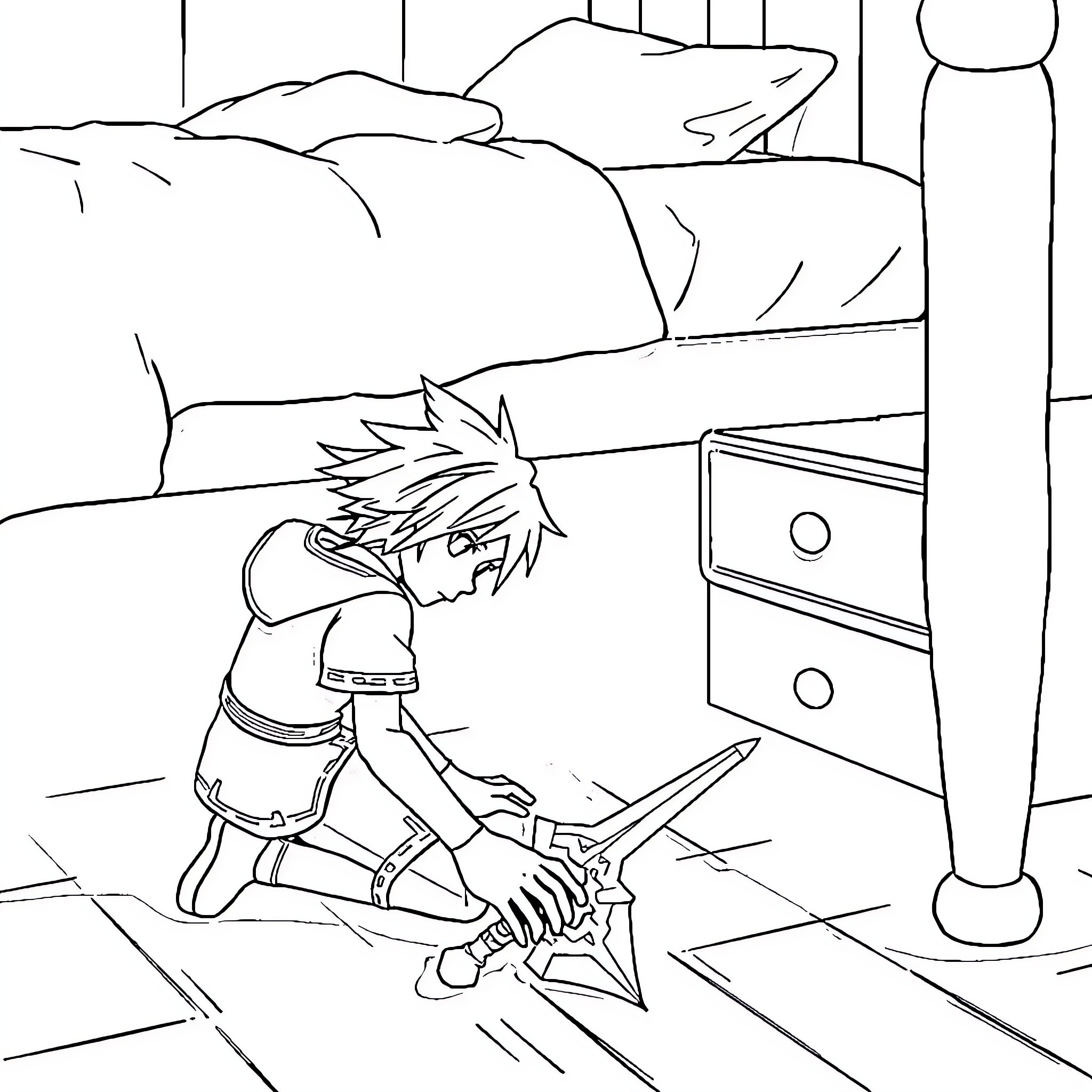 Sora exploring a mysterious bedroom Coloring Page (free black-and-white line drawing printable PDF for all, from beginners to advanced learners, including children, teens, adults, and seniors)