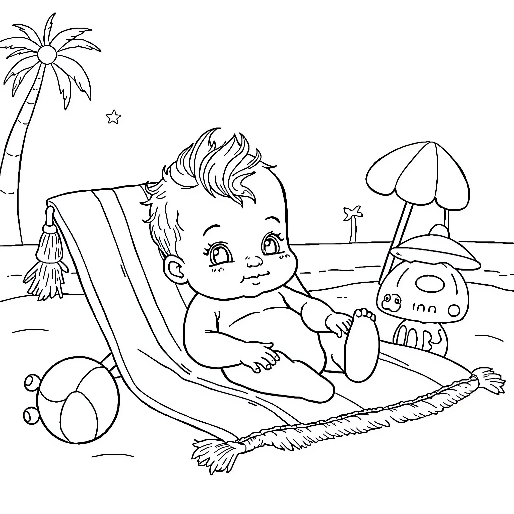 Bebe playing happily on the beach Coloring Page (free black-and-white line drawing printable PDF for all, from beginners to advanced learners, including children, teens, adults, and seniors)