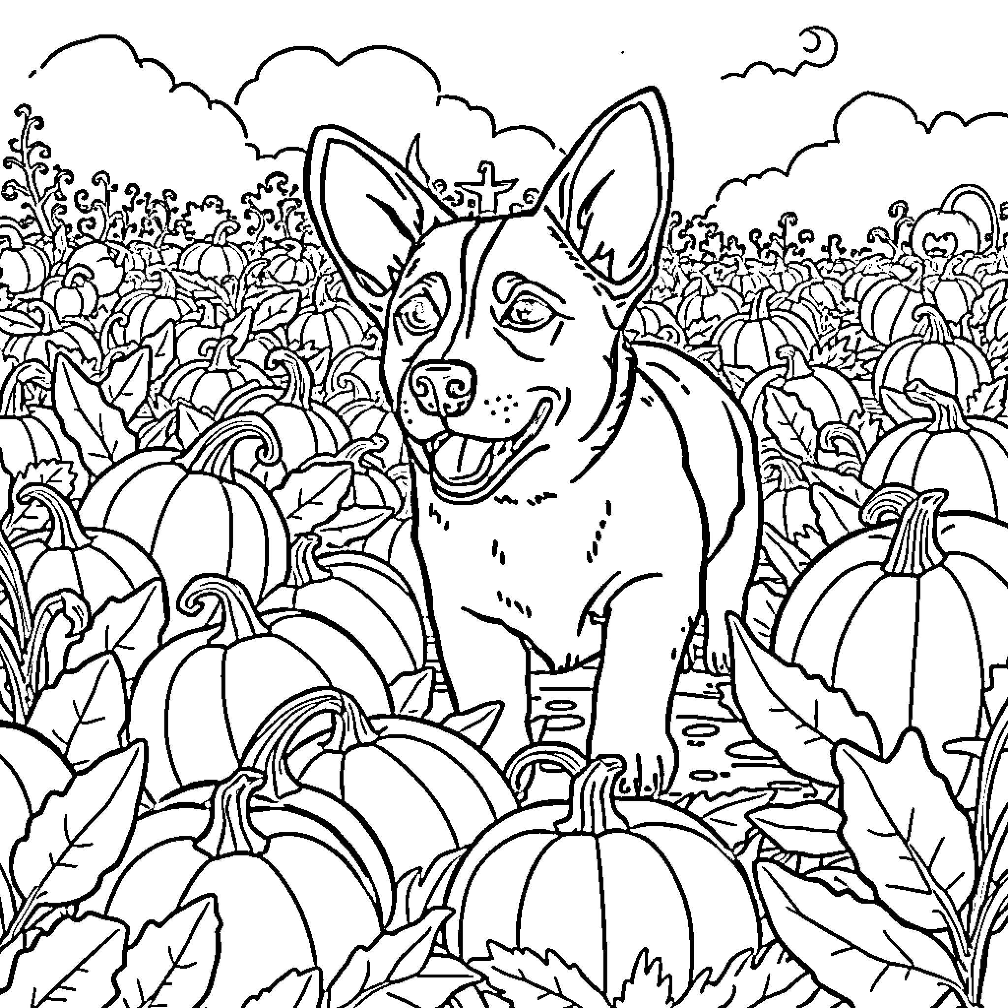 Corgi Labrador Mix enjoying a fall day with pumpkins Coloring Page (free black-and-white line drawing printable PDF for all, from beginners to advanced learners, including children, teens, adults, and seniors)