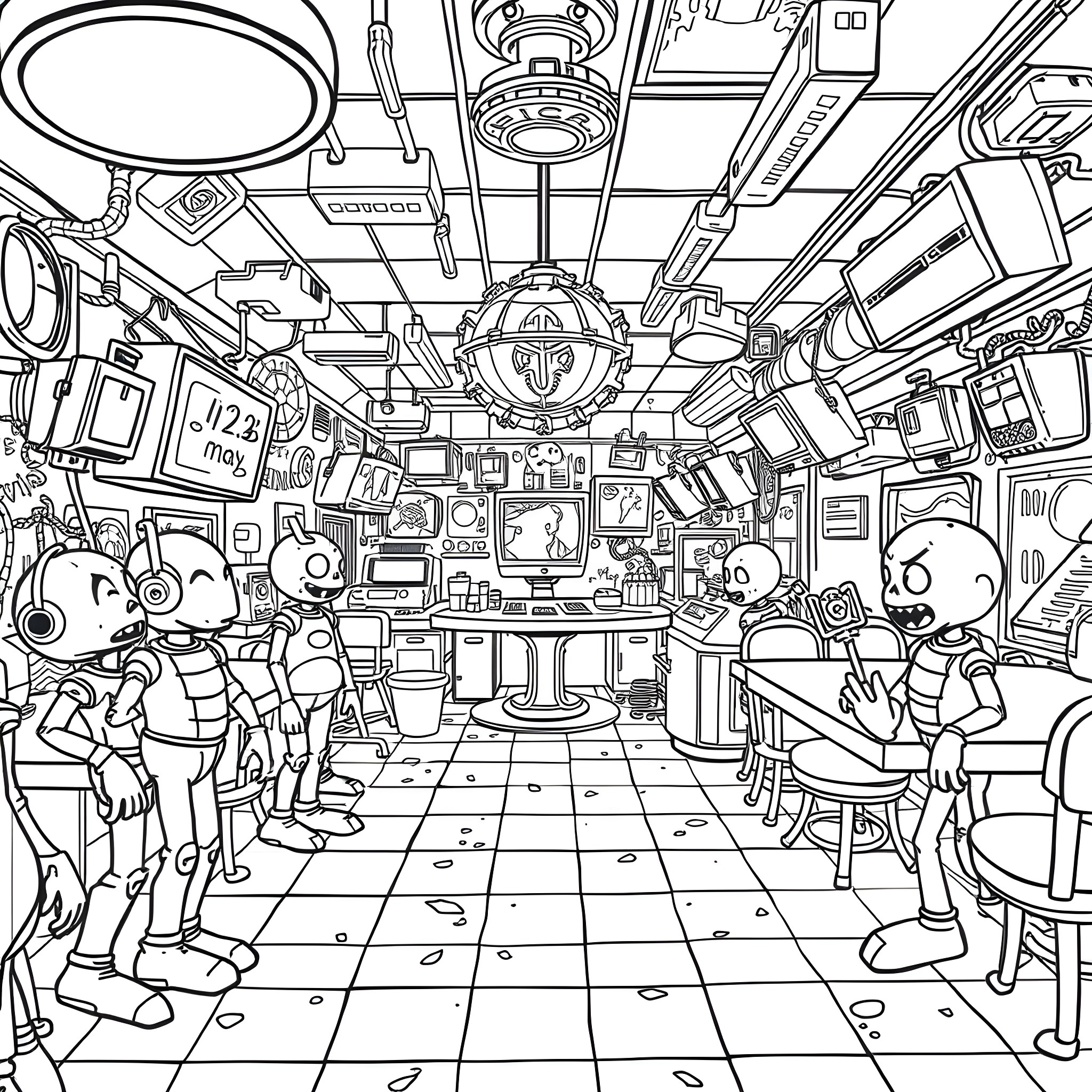 Five Nights At Freddy's: Animatronics in the Pizzeria Coloring Page (free black-and-white line drawing printable PDF for all, from beginners to advanced learners, including children, teens, adults, and seniors)