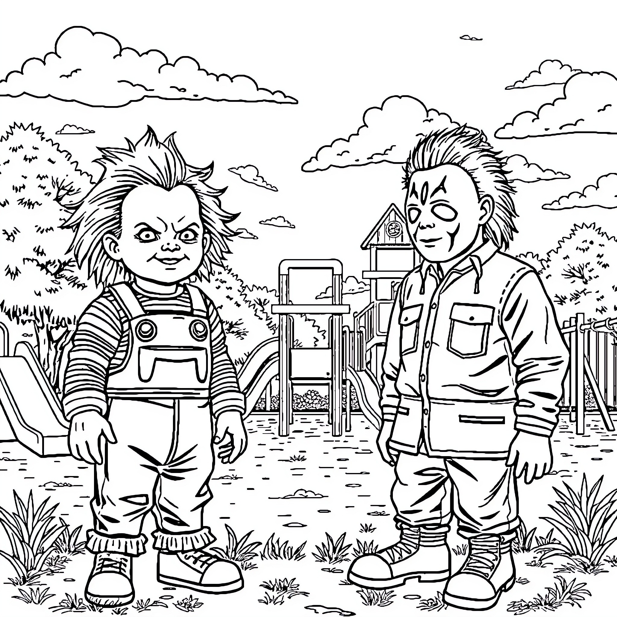 Chucky and Michael Myers in an outdoor scene Coloring Page (free black-and-white line drawing printable PDF for all, from beginners to advanced learners, including children, teens, adults, and seniors)