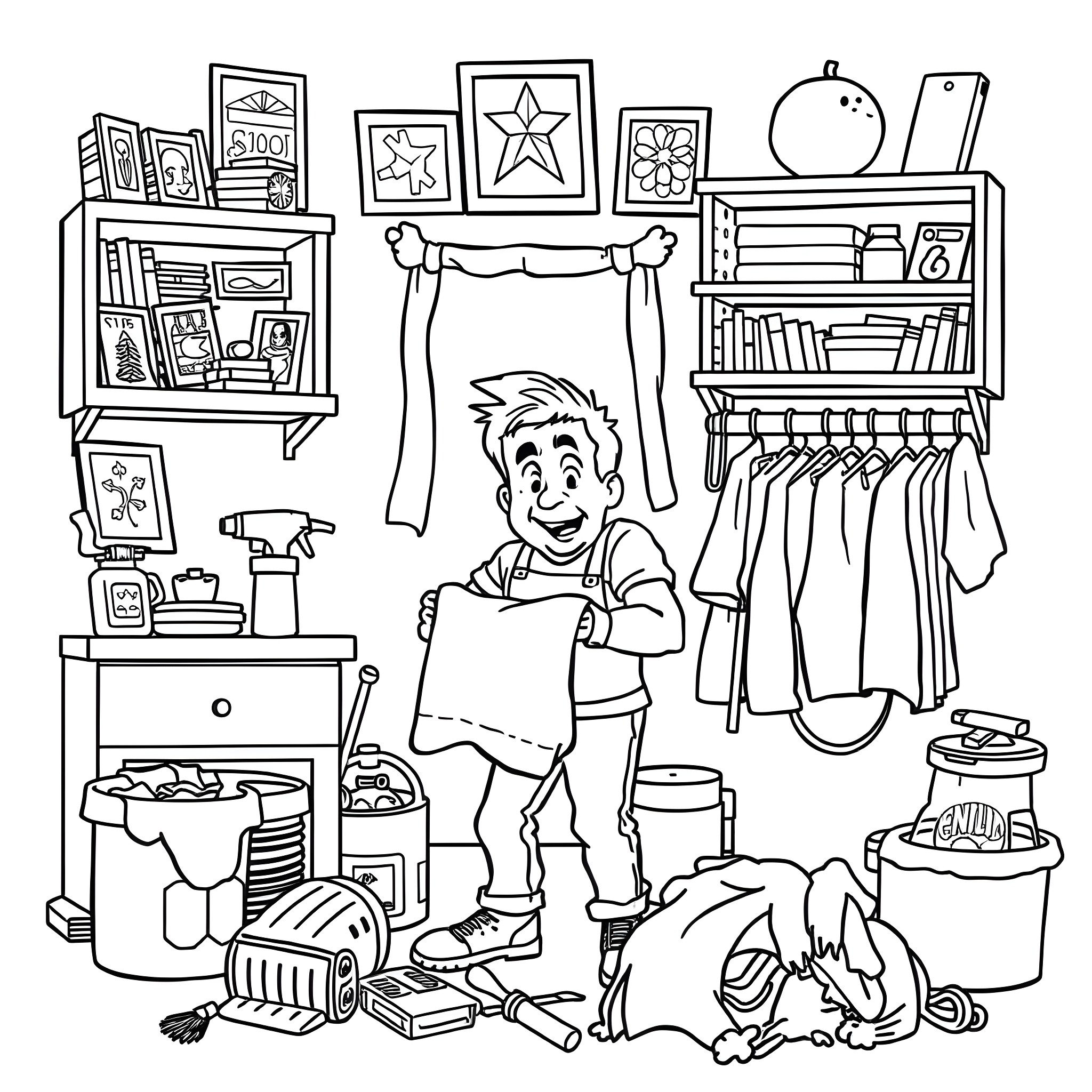 Bucky Barnes cleaning up his messy bedroom Coloring Page (free black-and-white line drawing printable PDF for all, from beginners to advanced learners, including children, teens, adults, and seniors)