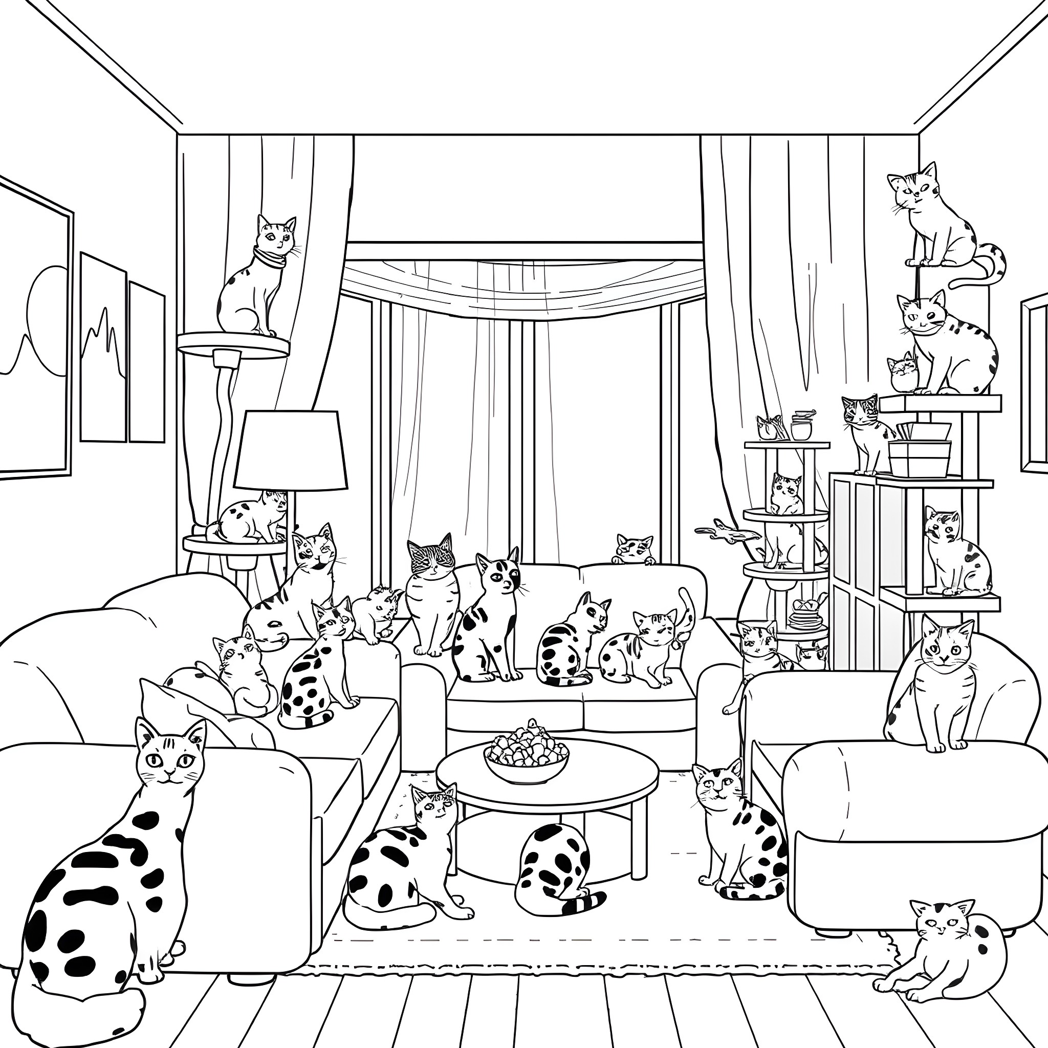 Cat Sanctuary: A Room Full of Feline Friends Coloring Page (free black-and-white line drawing printable PDF for all, from beginners to advanced learners, including children, teens, adults, and seniors)
