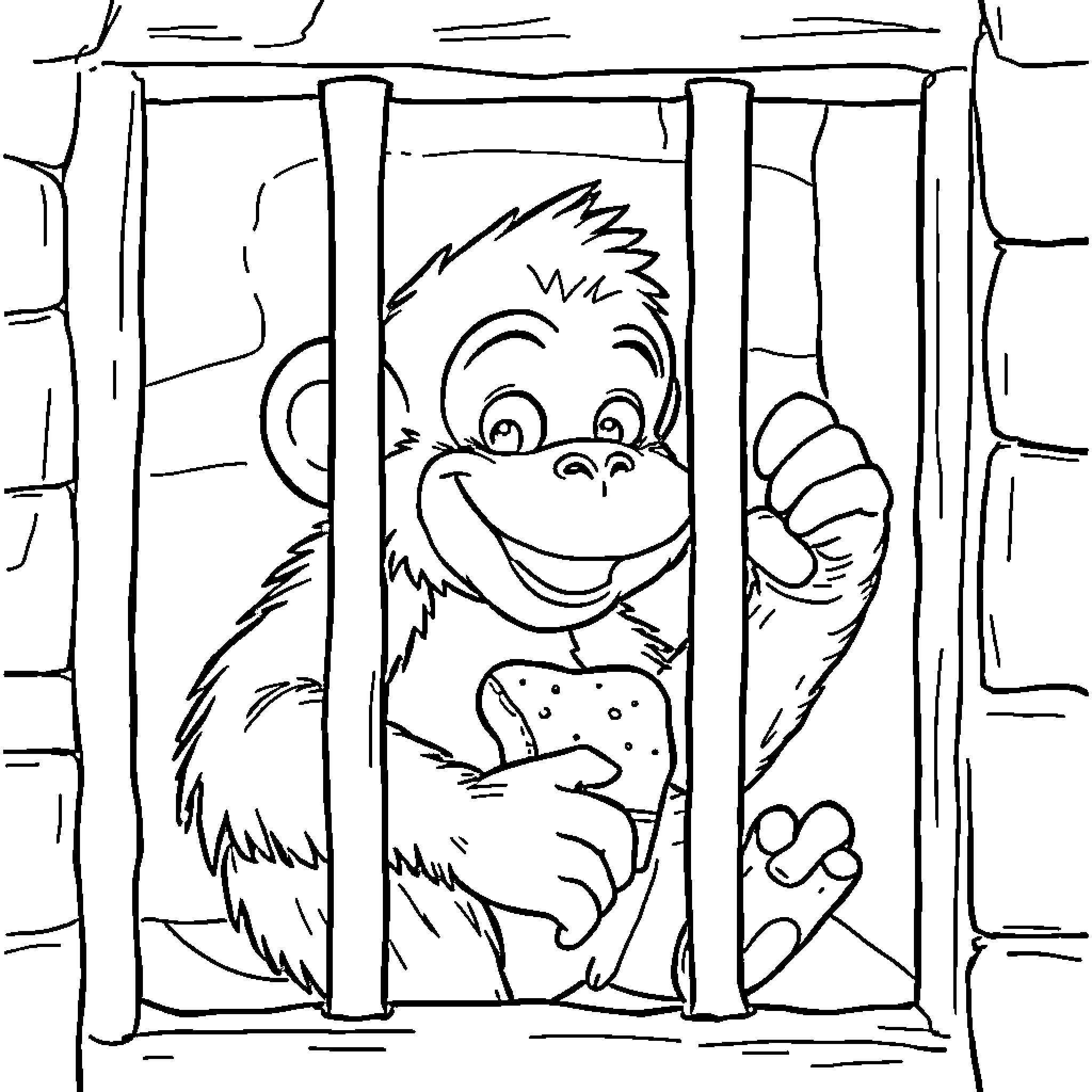 Monkey trapped in a cage Coloring Page (free black-and-white line drawing printable PDF for all, from beginners to advanced learners, including children, teens, adults, and seniors)