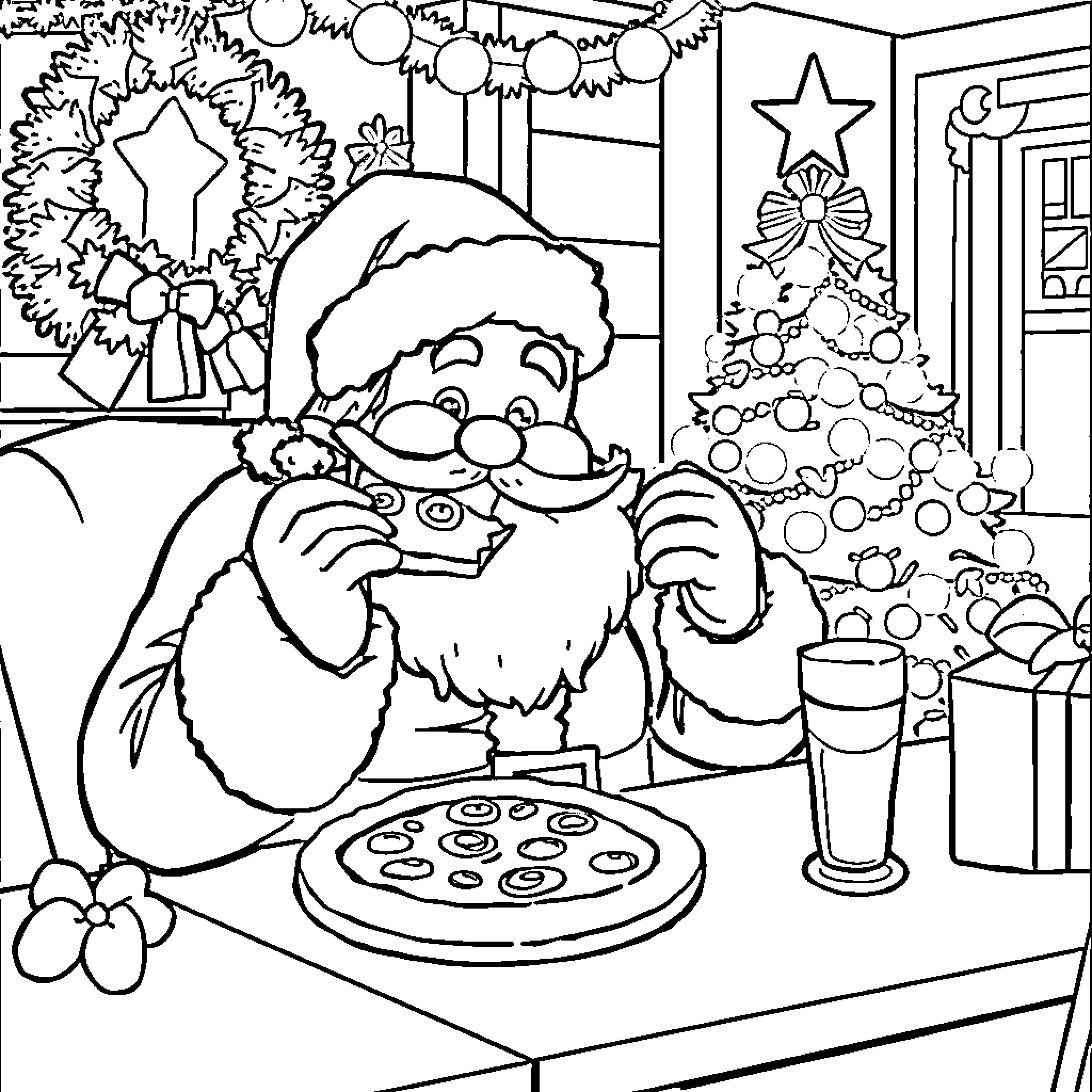 Santa Enjoying Christmas Treats and Decorations Coloring Page (free black-and-white line drawing printable PDF for all, from beginners to advanced learners, including children, teens, adults, and seniors)