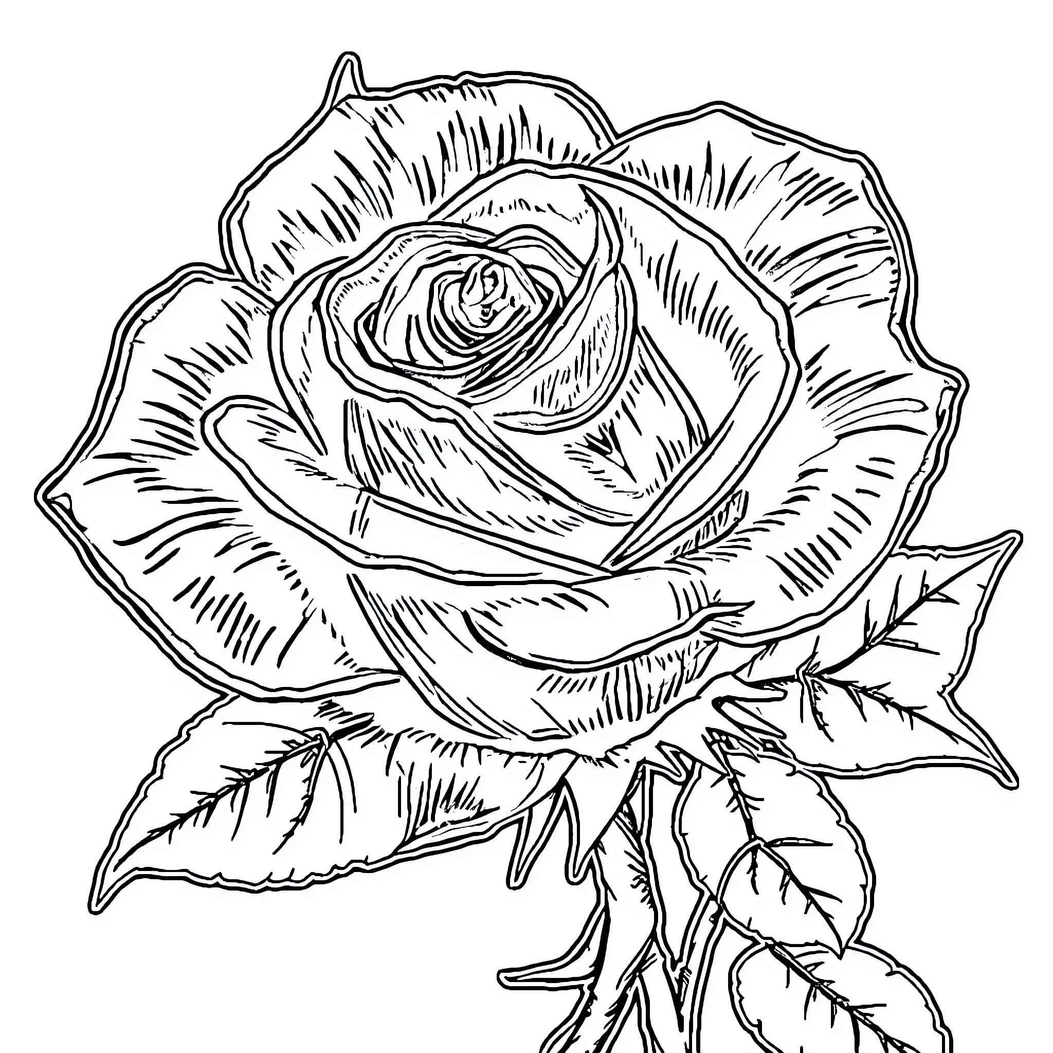 Rose in Bloom: A Striking Floral Illustration Coloring Page (free black-and-white line drawing printable PDF for all, from beginners to advanced learners, including children, teens, adults, and seniors)