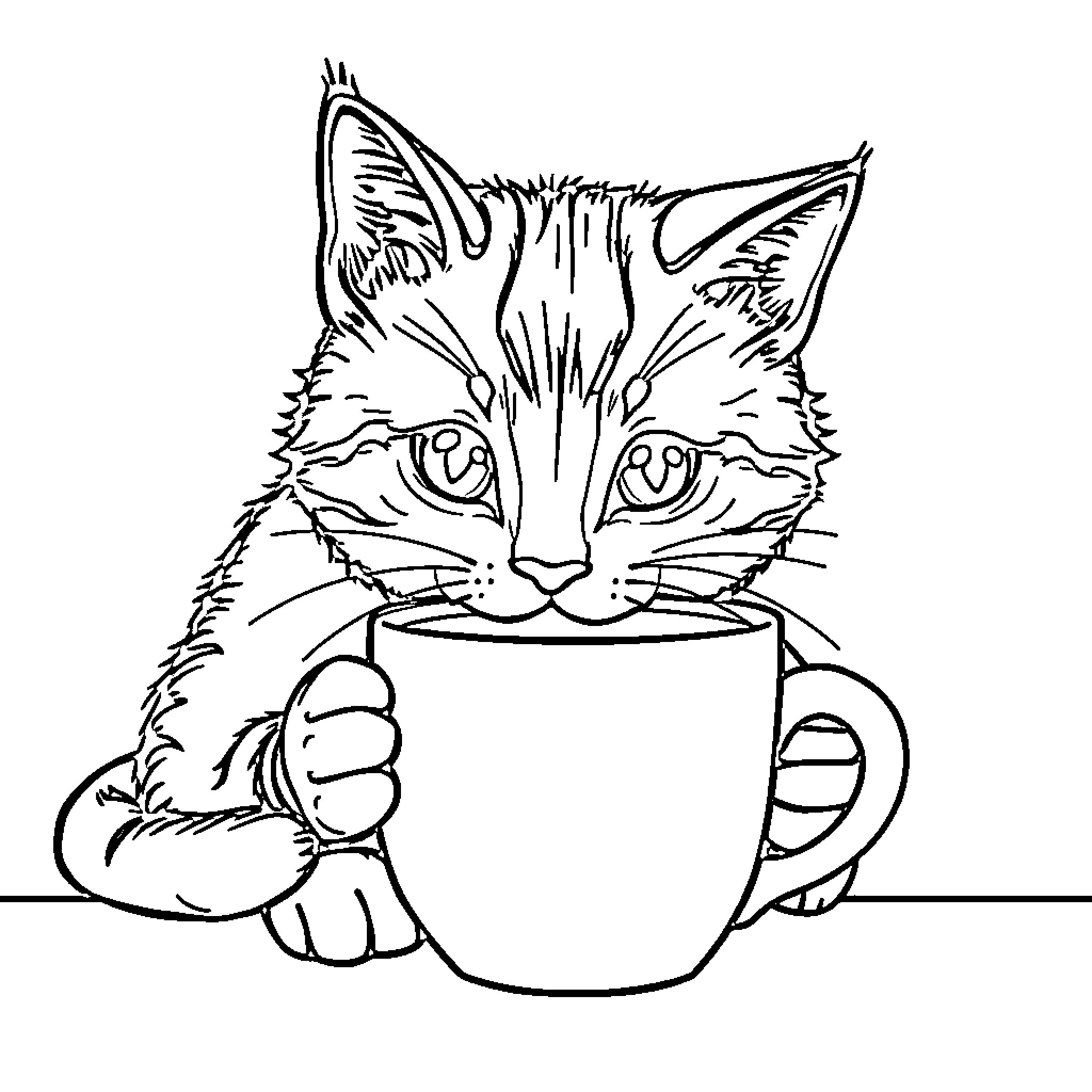 Cat Enjoying a Warm Beverage Coloring Page (free black-and-white line drawing printable PDF for all, from beginners to advanced learners, including children, teens, adults, and seniors)