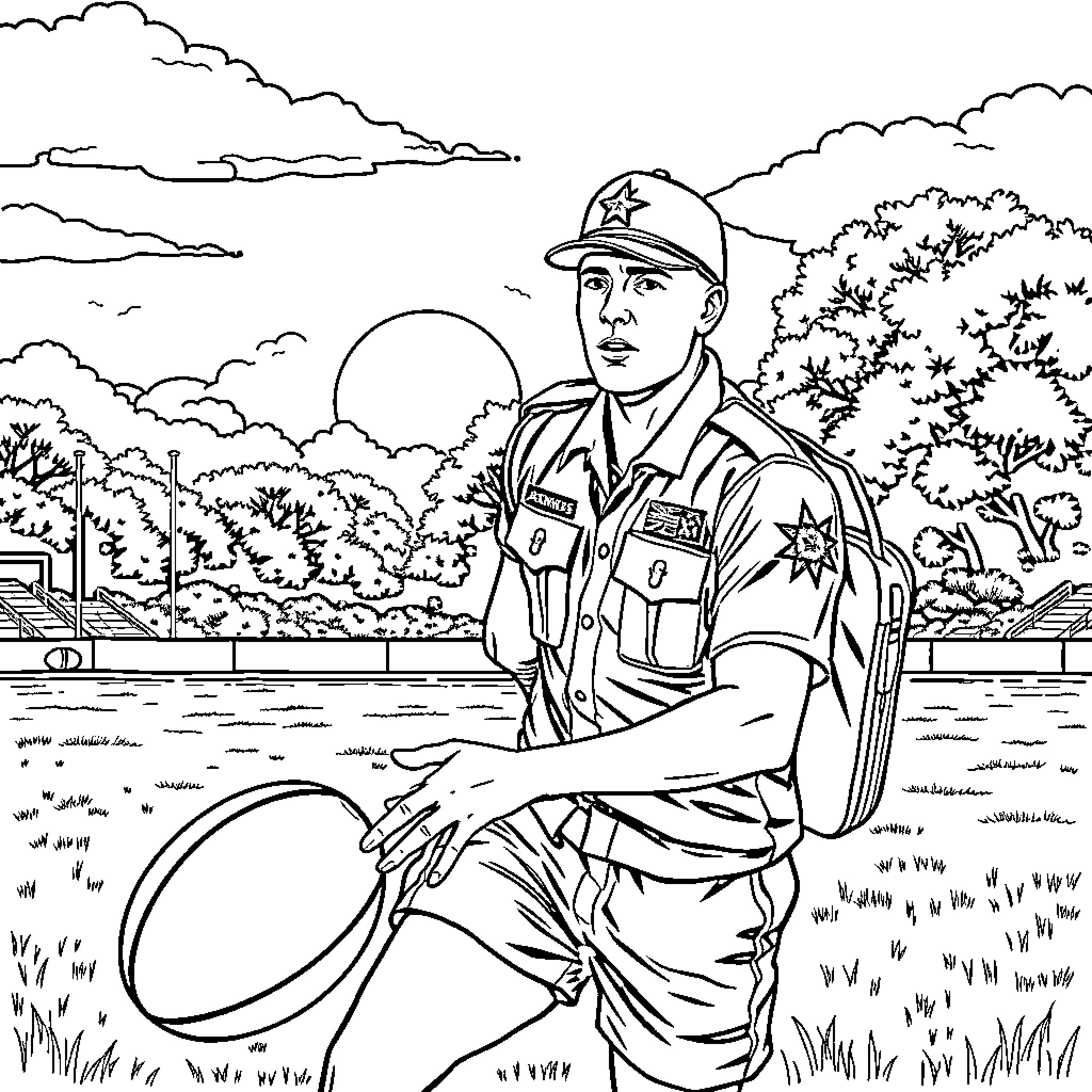 Australian Army soldier in field Coloring Page (free black-and-white line drawing printable PDF for all, from beginners to advanced learners, including children, teens, adults, and seniors)