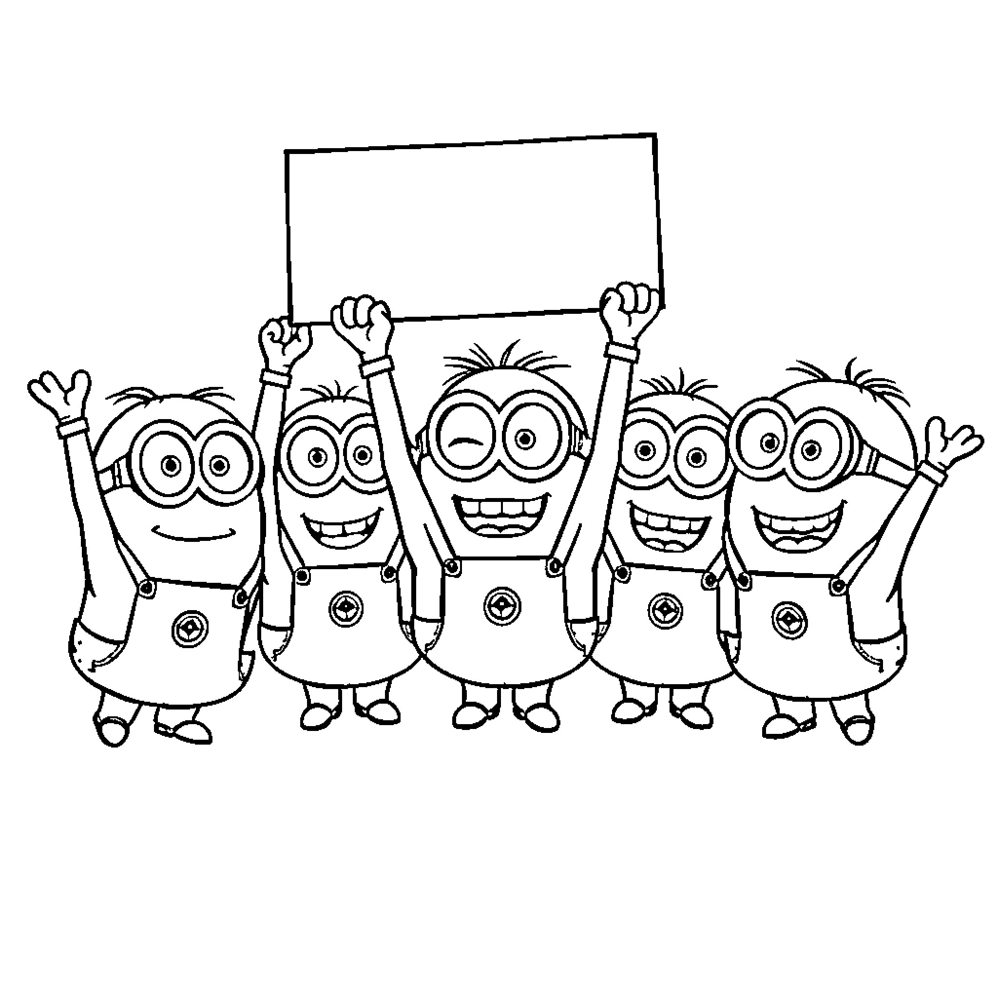 Minions holding a sign and celebrating happily Coloring Page (free black-and-white line drawing printable PDF for all, from beginners to advanced learners, including children, teens, adults, and seniors)