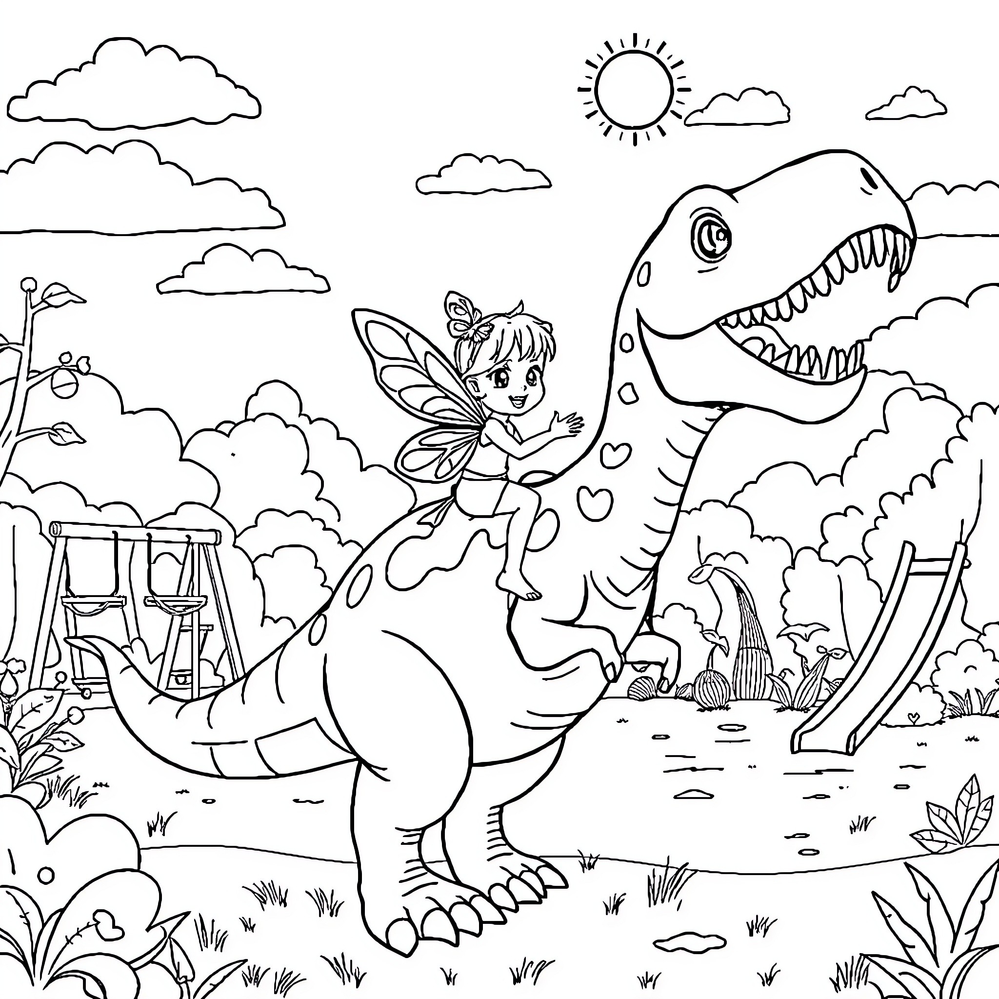 Fairy riding a friendly dinosaur in a magical landscape Coloring Page (free black-and-white line drawing printable PDF for all, from beginners to advanced learners, including children, teens, adults, and seniors)