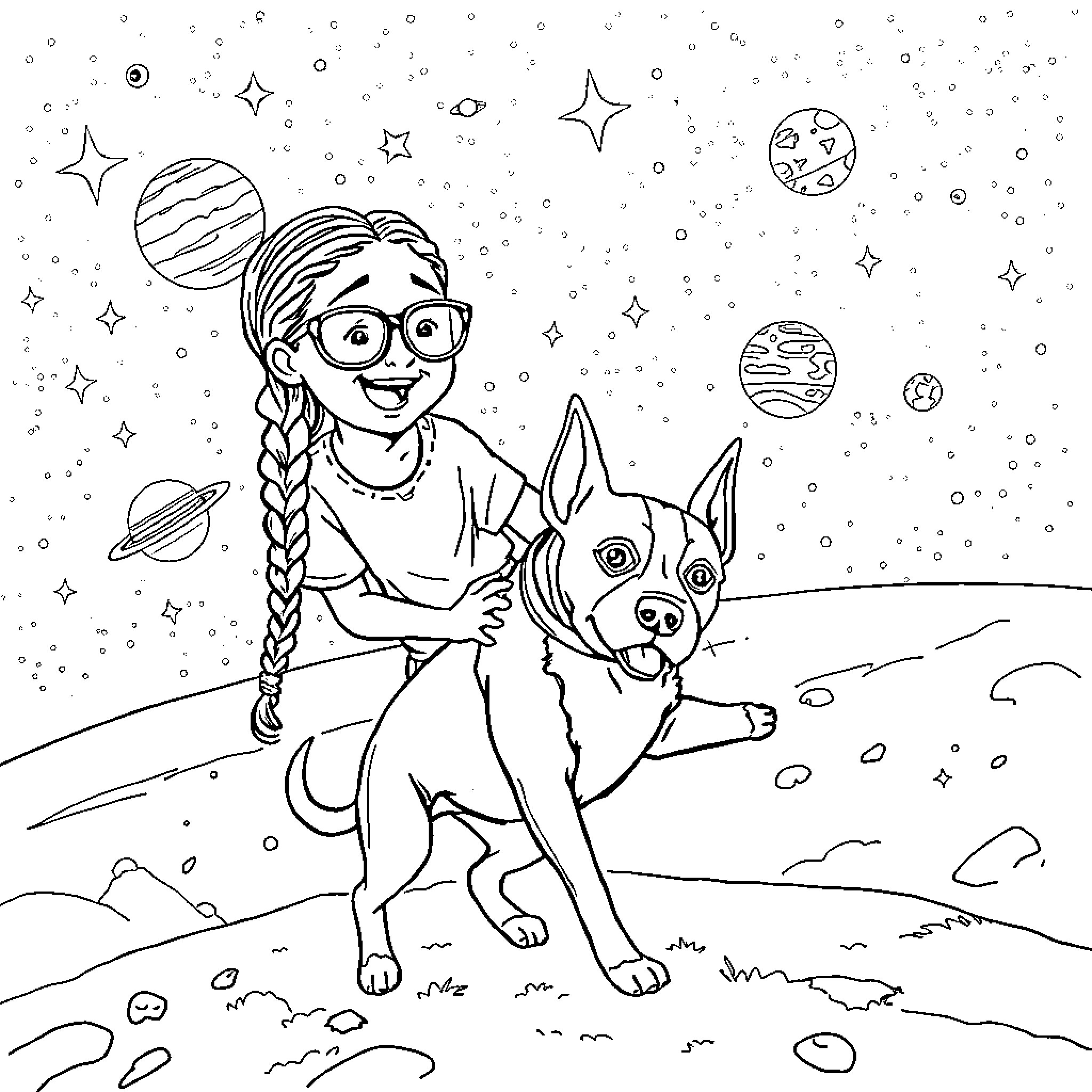 Teen exploring the galaxy with beloved pet Coloring Page (free black-and-white line drawing printable PDF for all, from beginners to advanced learners, including children, teens, adults, and seniors)