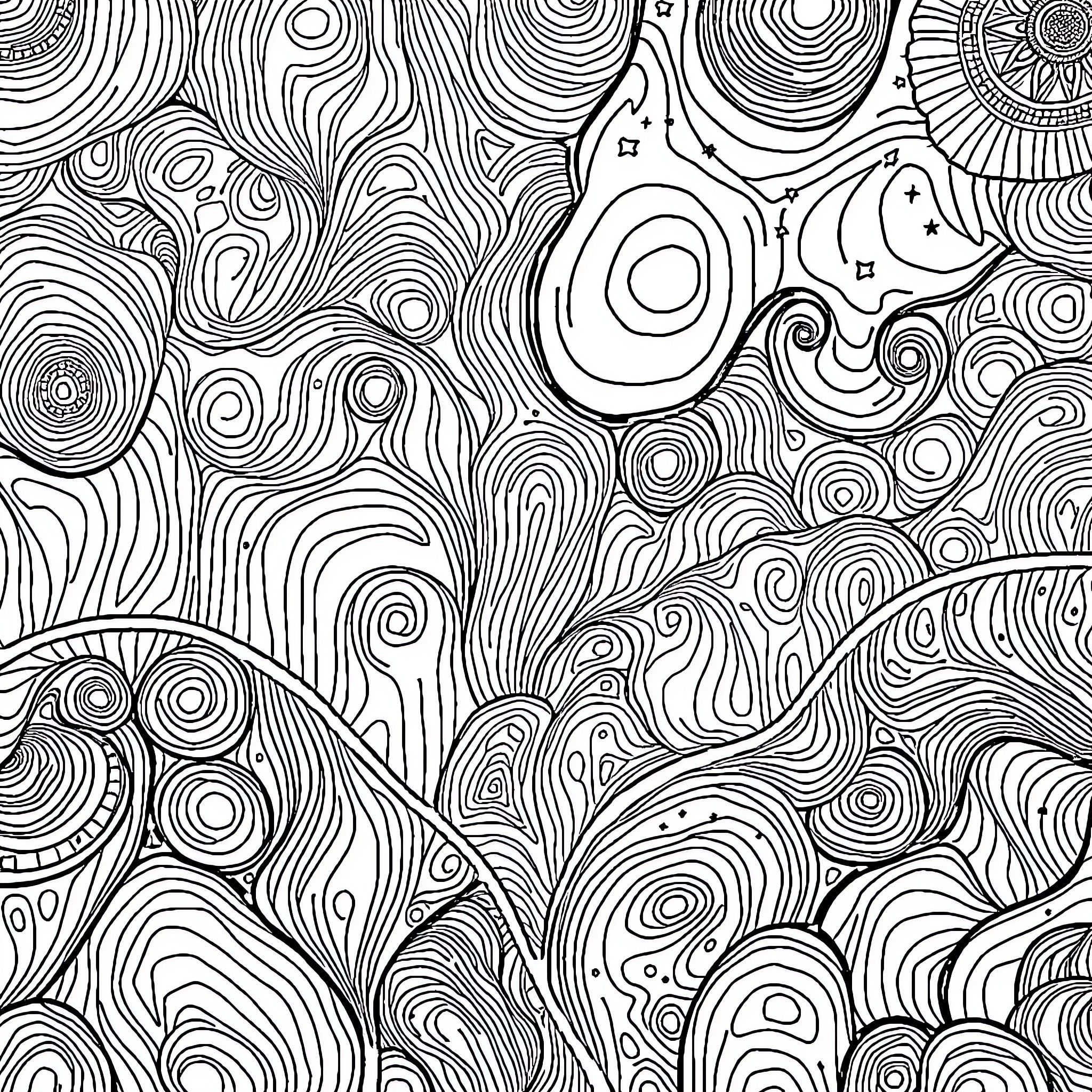 Background of Abstract Swirling Patterns and Shapes Coloring Page (free black-and-white line drawing printable PDF for all, from beginners to advanced learners, including children, teens, adults, and seniors)