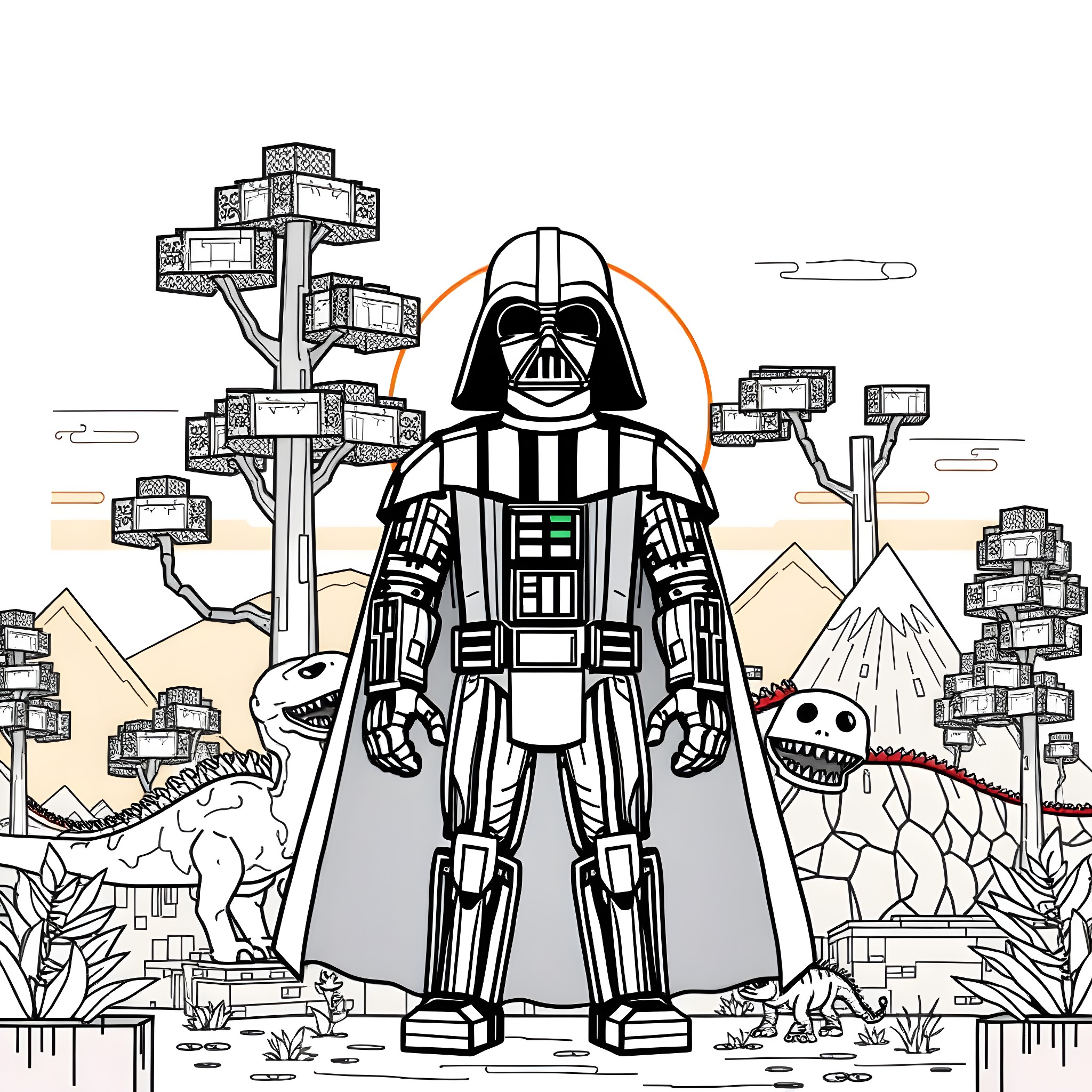 Darth Vader presides over a fantastical landscape Coloring Page (free black-and-white line drawing printable PDF for all, from beginners to advanced learners, including children, teens, adults, and seniors)