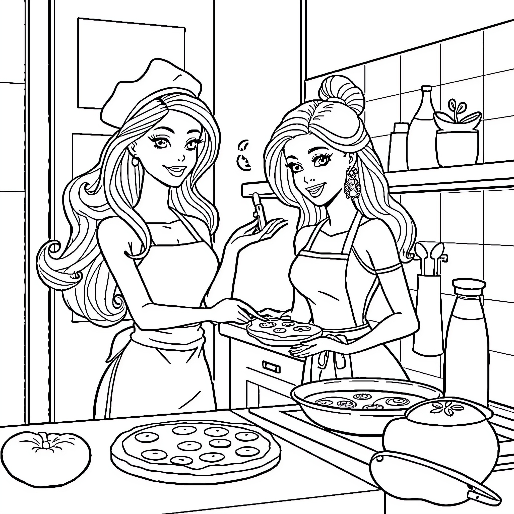 Barbie friends preparing a meal in the kitchen Coloring Page (free black-and-white line drawing printable PDF for all, from beginners to advanced learners, including children, teens, adults, and seniors)