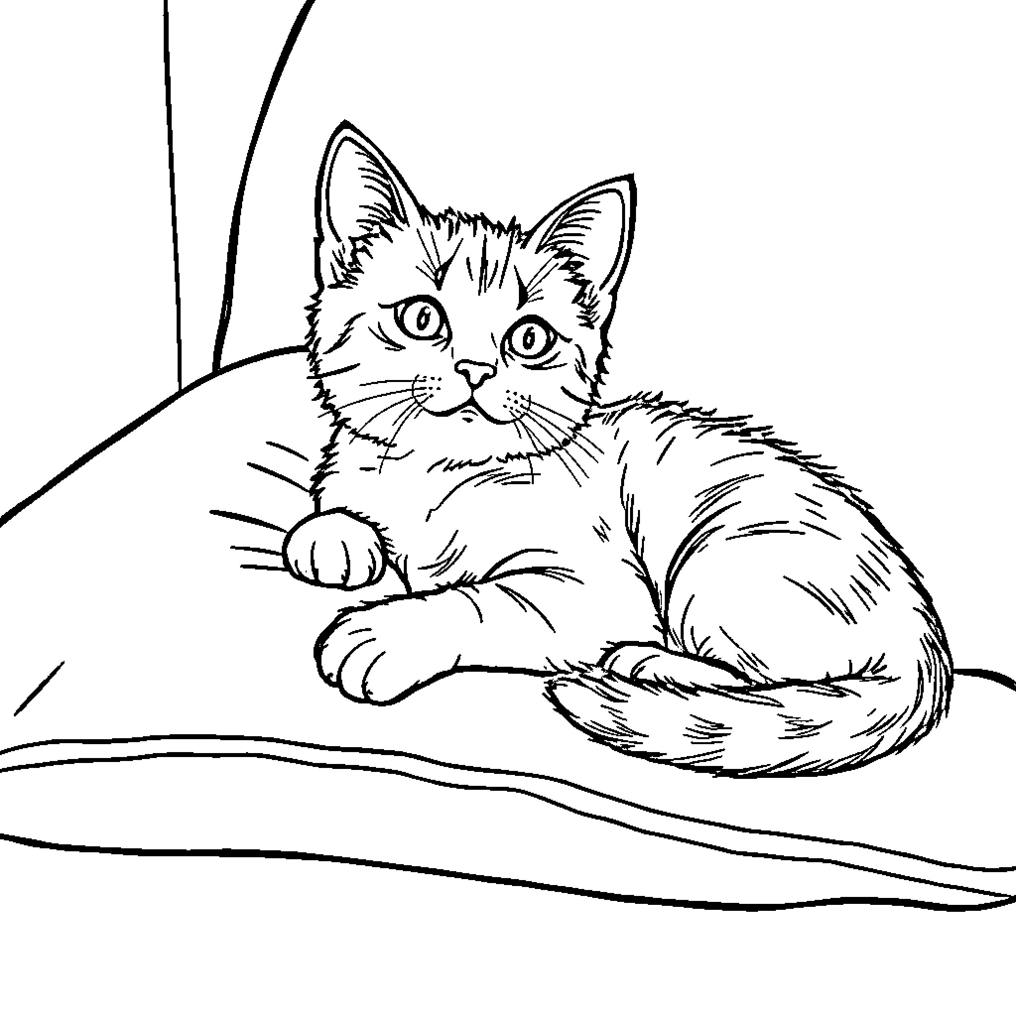Cat resting peacefully on a surface Coloring Page (free black-and-white line drawing printable PDF for all, from beginners to advanced learners, including children, teens, adults, and seniors)