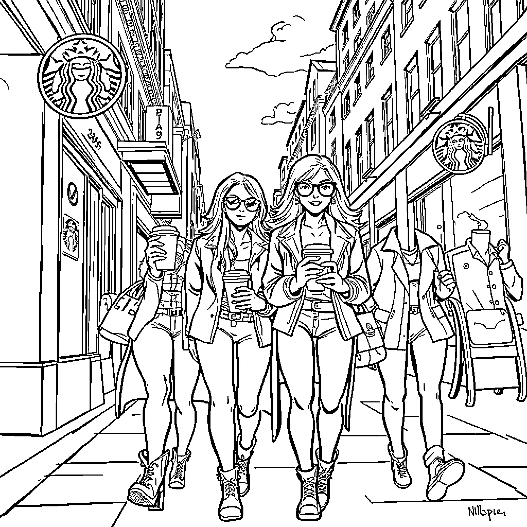 Baddie Girls Strutting Through the City Streets Coloring Page (free black-and-white line drawing printable PDF for all, from beginners to advanced learners, including children, teens, adults, and seniors)