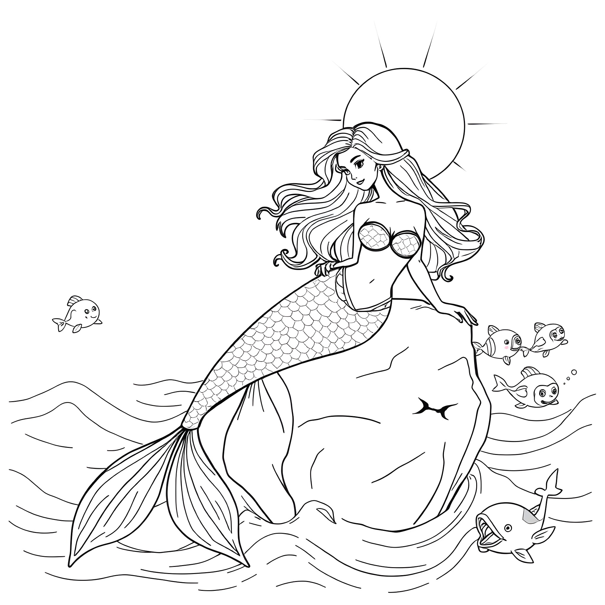 Mermaid swimming with marine life in the ocean Coloring Page (free black-and-white line drawing printable PDF for all, from beginners to advanced learners, including children, teens, adults, and seniors)