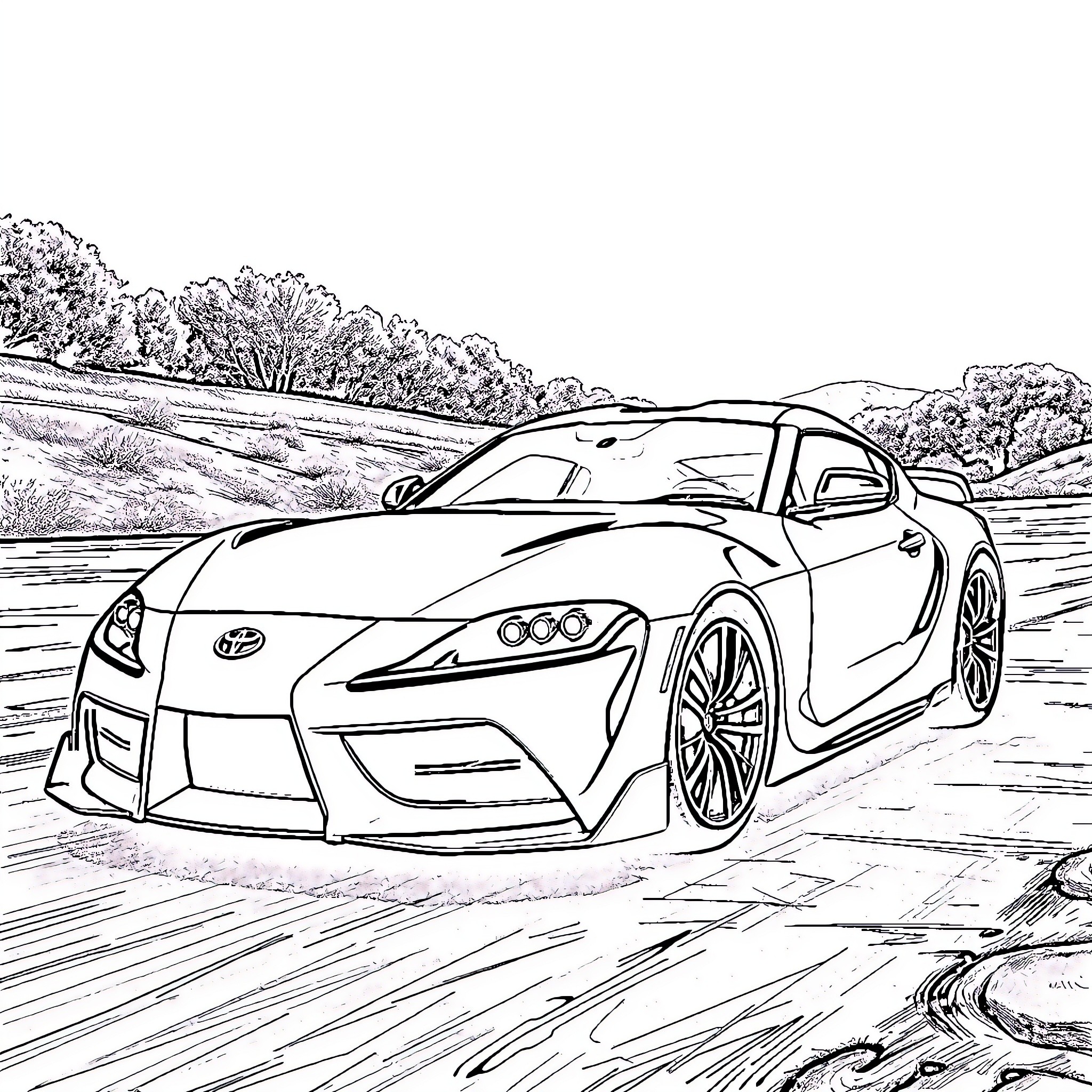 Supra sports car speeding through scenic countryside Coloring Page (free black-and-white line drawing printable PDF for all, from beginners to advanced learners, including children, teens, adults, and seniors)