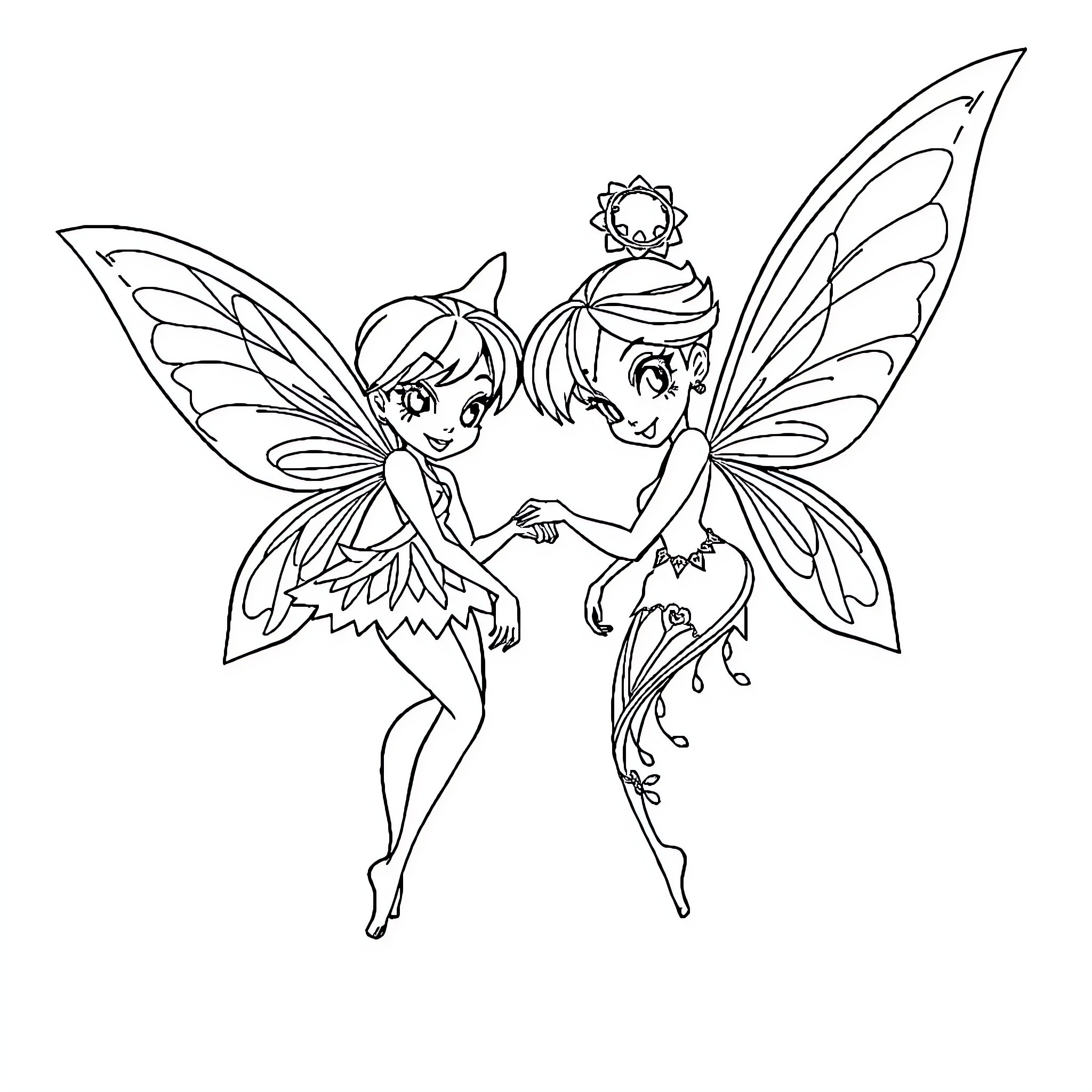 Fairy friends dancing together with wings Coloring Page (free black-and-white line drawing printable PDF for all, from beginners to advanced learners, including children, teens, adults, and seniors)