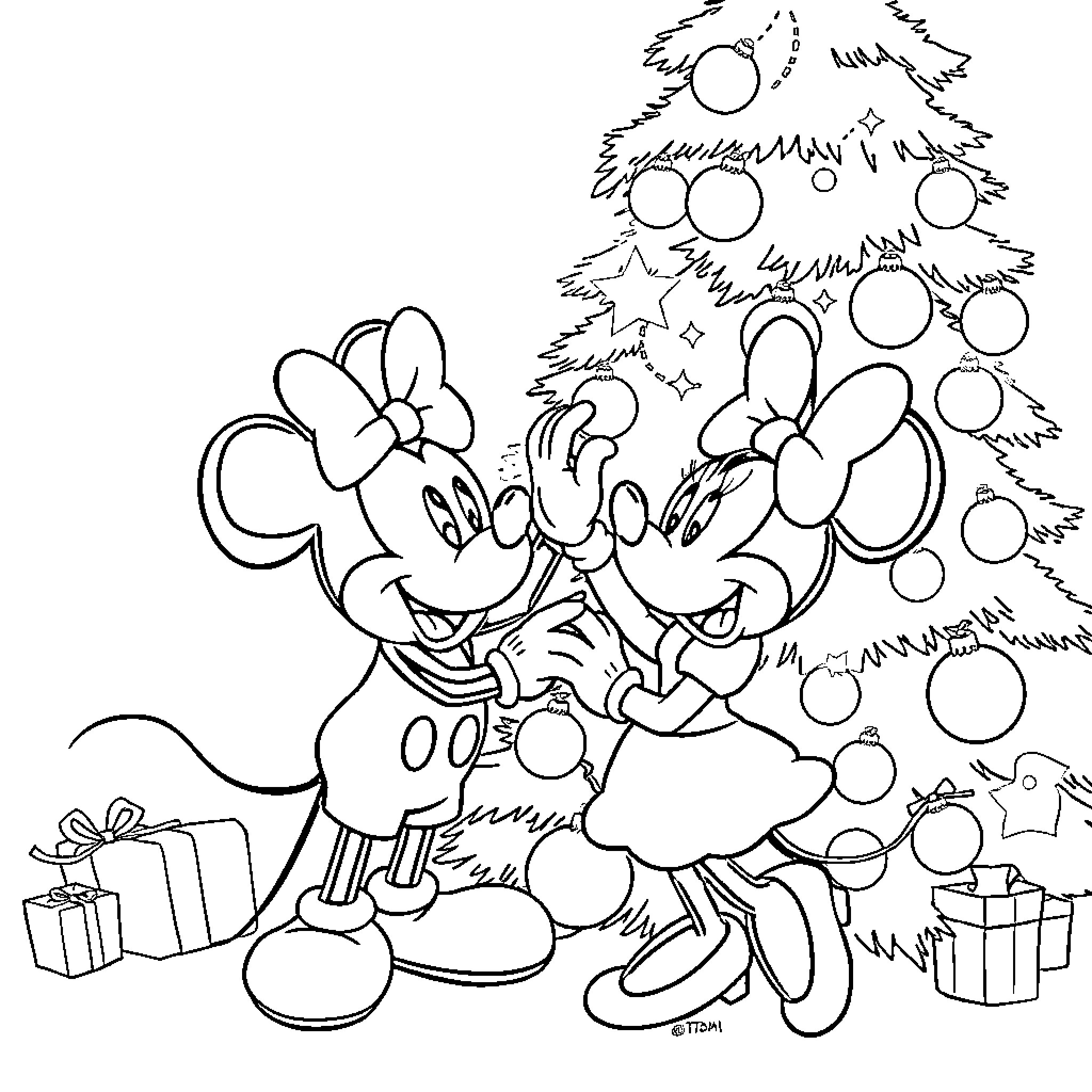 Mickey Mouse and Minnie Mouse decorating Christmas tree Coloring Page (free black-and-white line drawing printable PDF for all, from beginners to advanced learners, including children, teens, adults, and seniors)