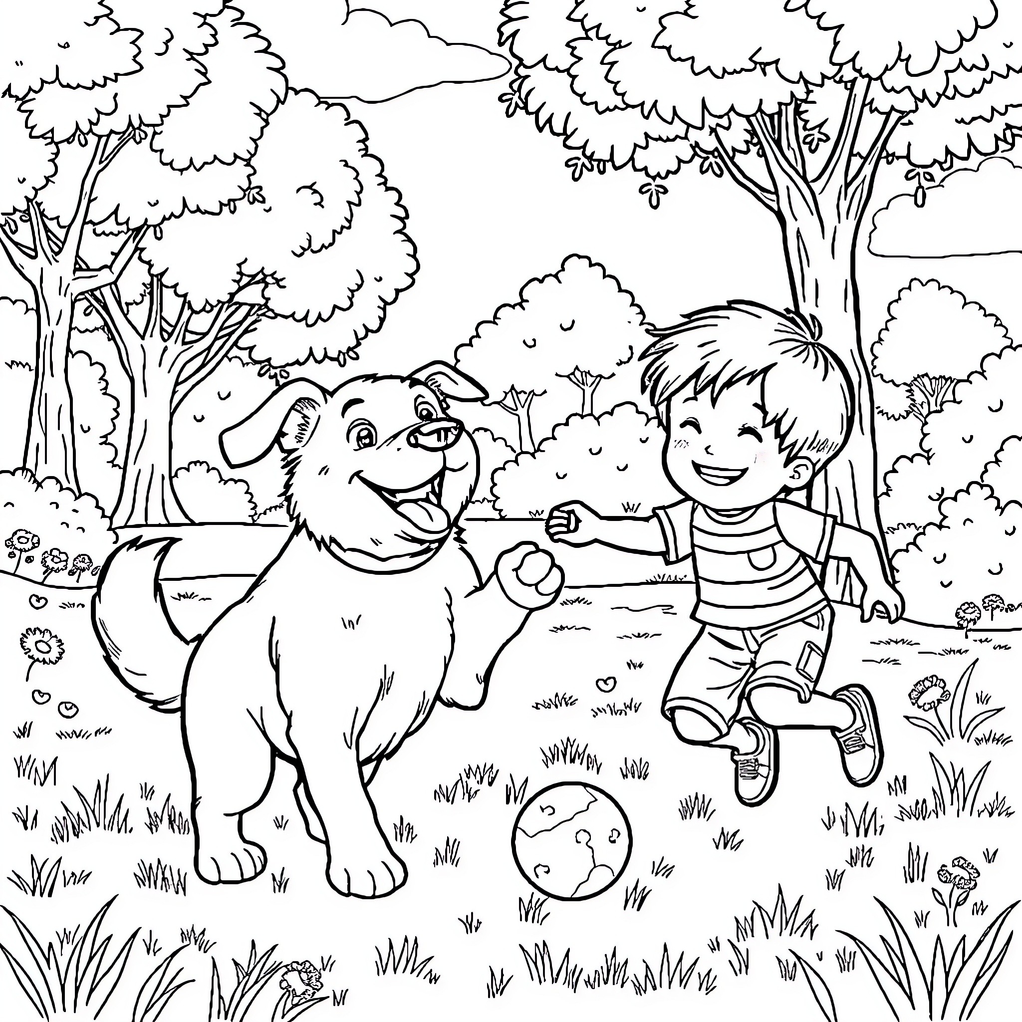Dog and Boy Playing in the Park Coloring Page (free black-and-white line drawing printable PDF for all, from beginners to advanced learners, including children, teens, adults, and seniors)