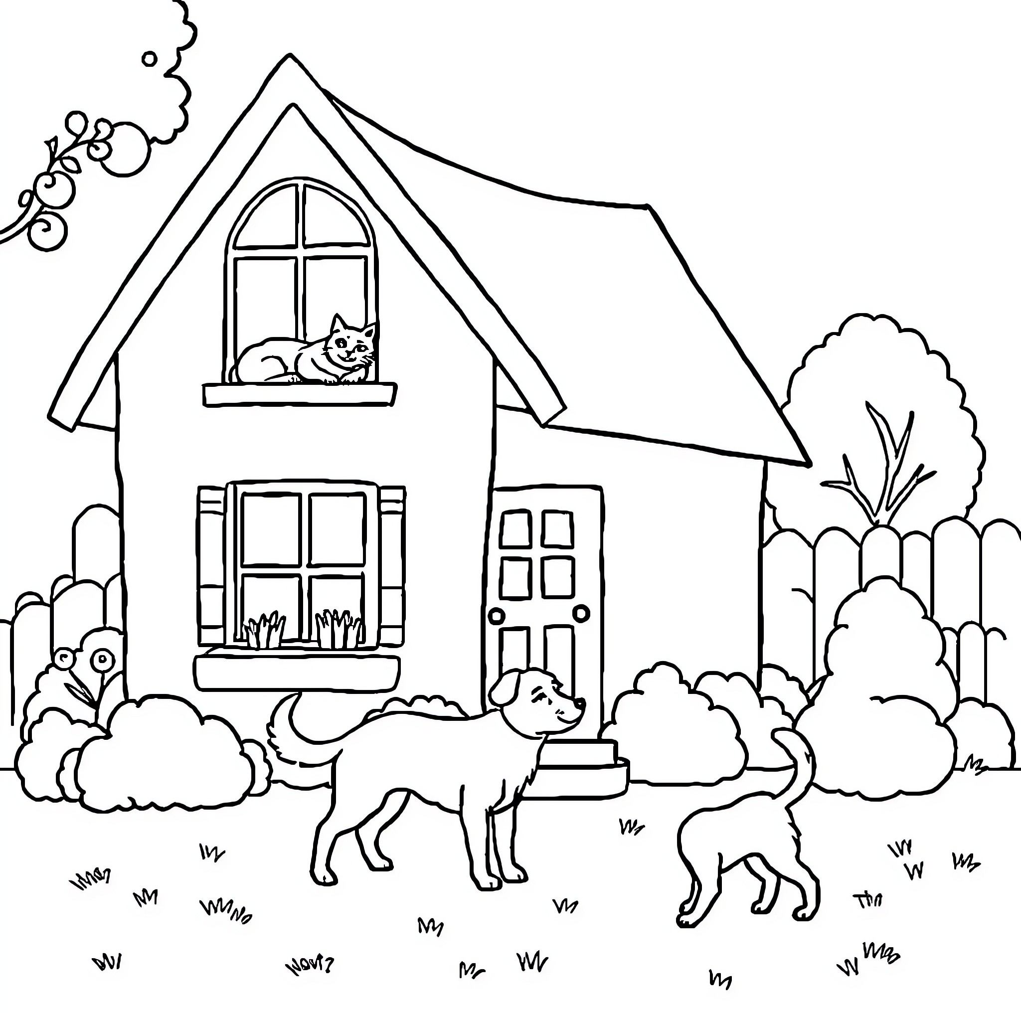 House with Pets Enjoying Outdoor Scene Coloring Page (free black-and-white line drawing printable PDF for all, from beginners to advanced learners, including children, teens, adults, and seniors)