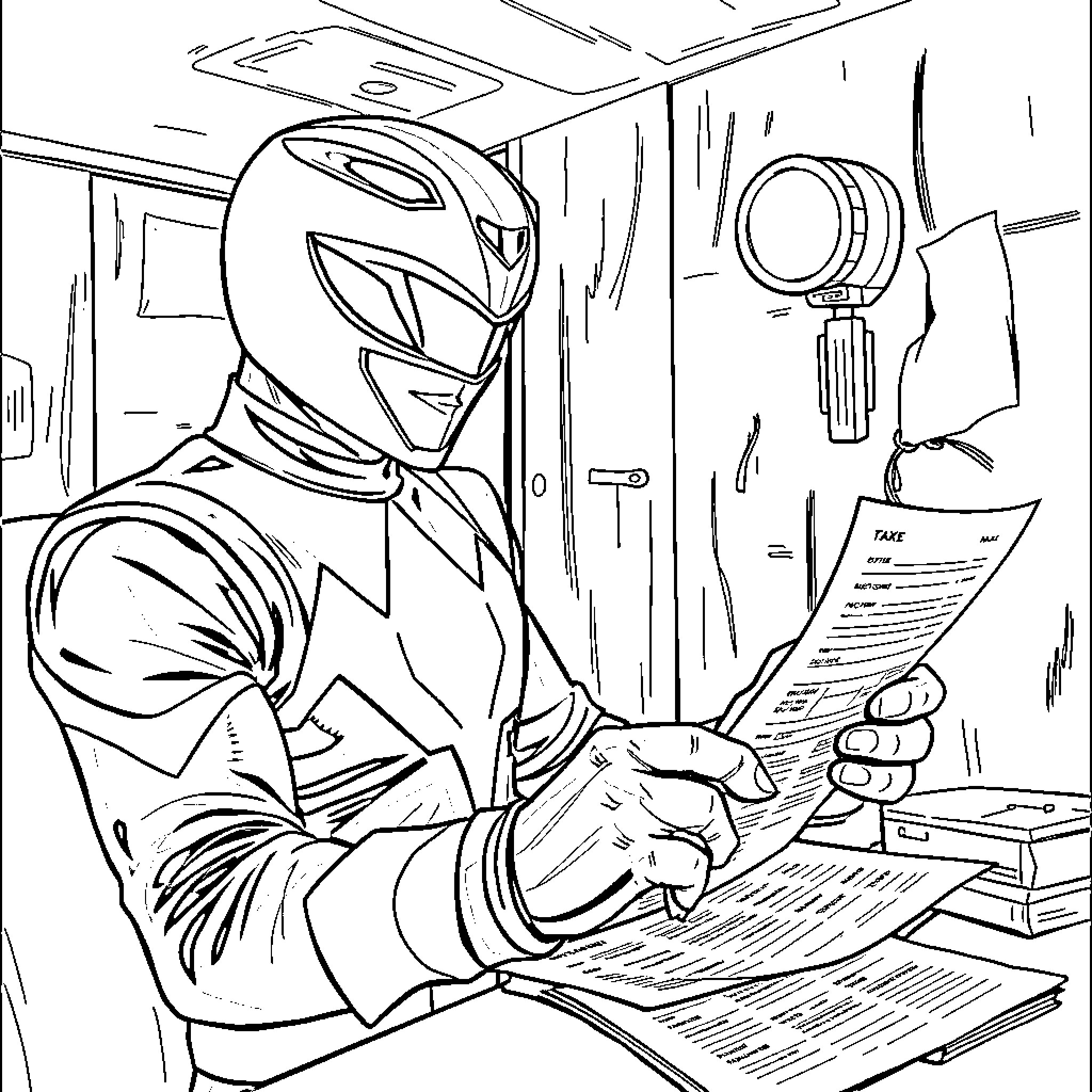 Power Ranger Reviewing Official Documents in Office Coloring Page (free black-and-white line drawing printable PDF for all, from beginners to advanced learners, including children, teens, adults, and seniors)