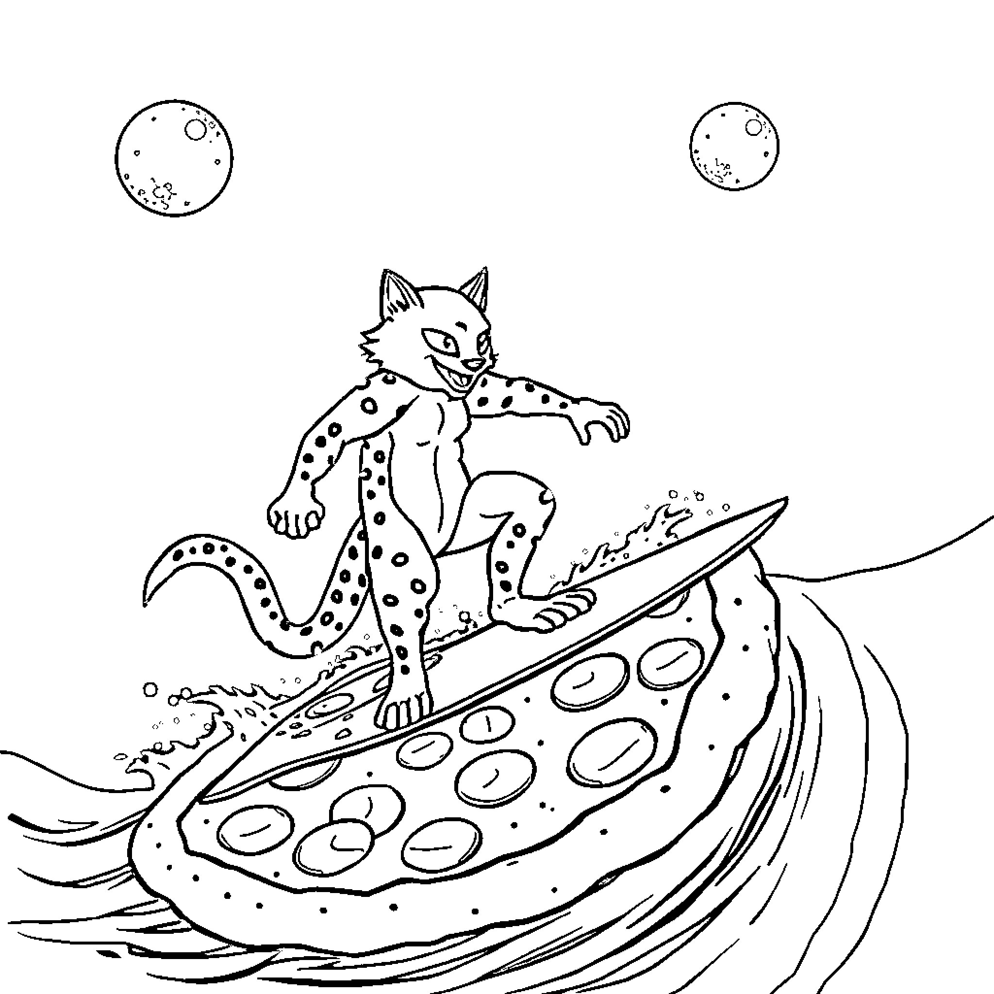 Zorro the Spotted Cat Rides the Waves Coloring Page (free black-and-white line drawing printable PDF for all, from beginners to advanced learners, including children, teens, adults, and seniors)