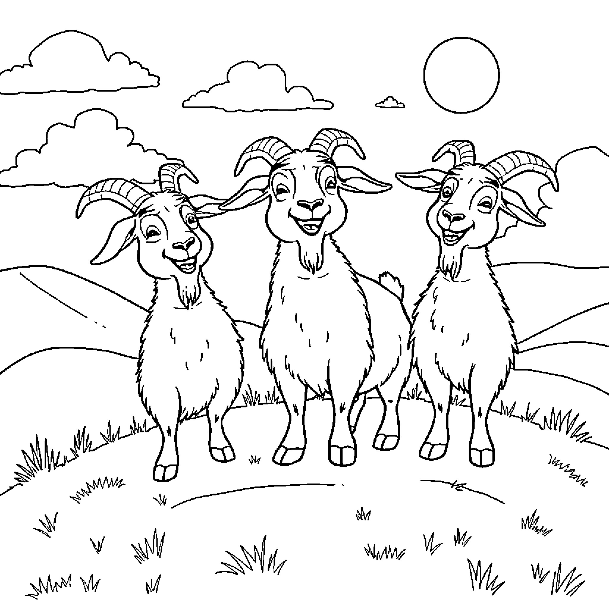 Billy Goat trio enjoying a sunny meadow Coloring Page (free black-and-white line drawing printable PDF for all, from beginners to advanced learners, including children, teens, adults, and seniors)
