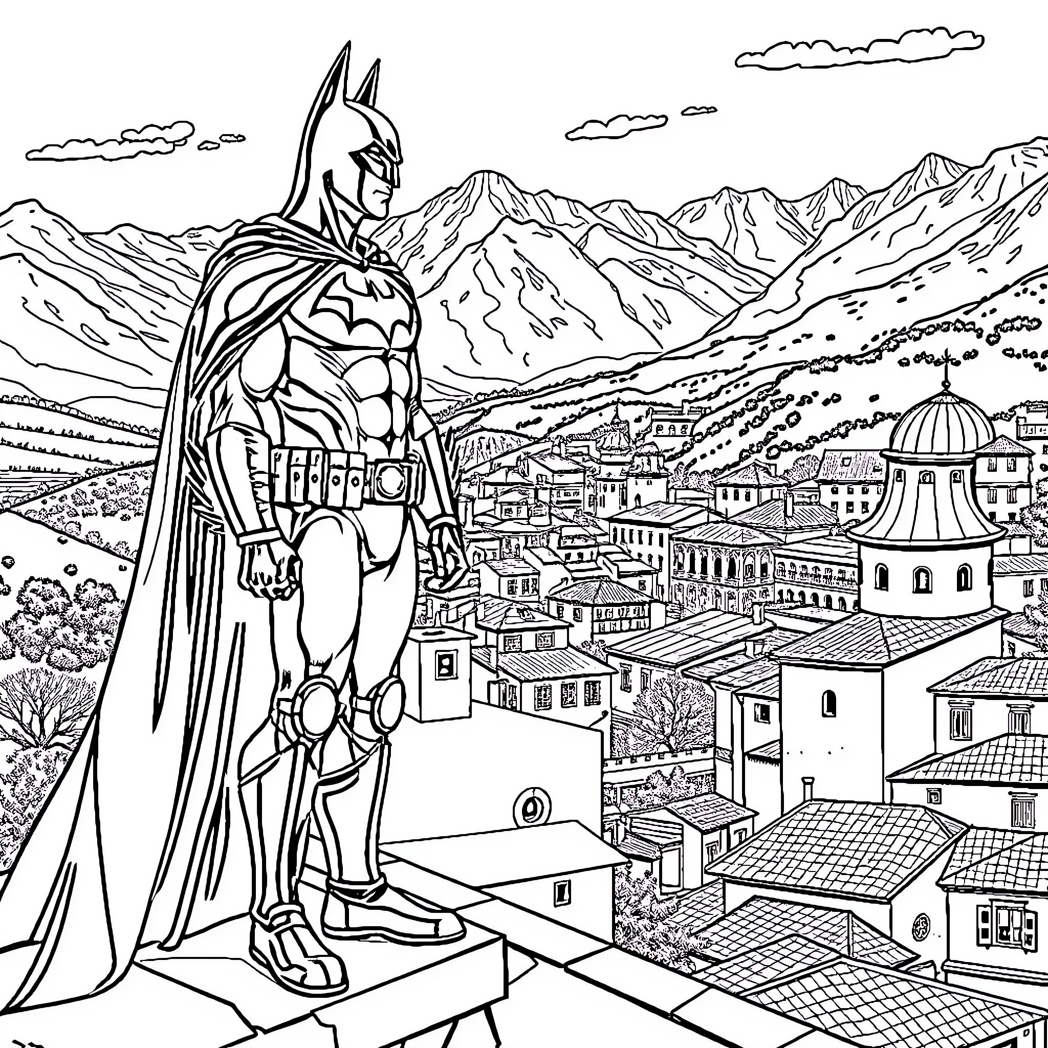 Batman surveying the city from a high vantage point Coloring Page (free black-and-white line drawing printable PDF for all, from beginners to advanced learners, including children, teens, adults, and seniors)