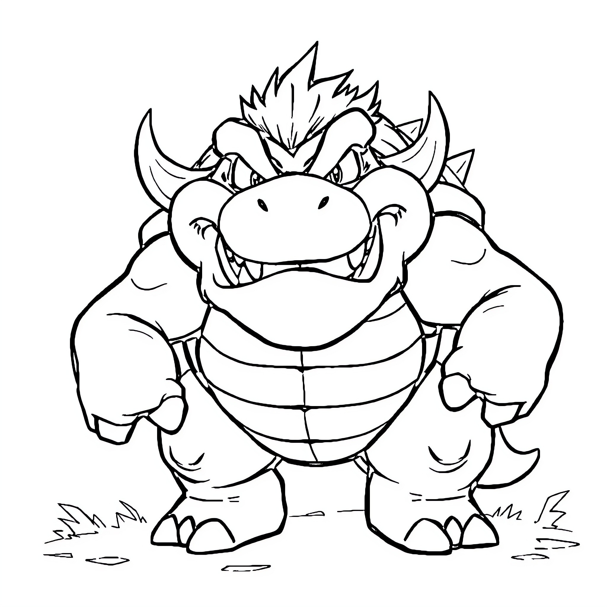 Bowser's Ferocious Pose Coloring Page (free black-and-white line drawing printable PDF for all, from beginners to advanced learners, including children, teens, adults, and seniors)