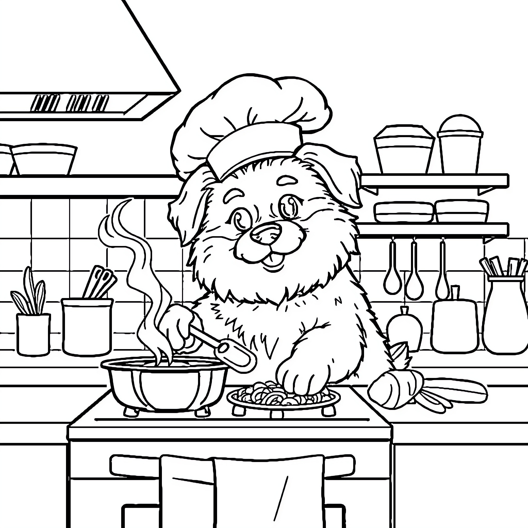 Dog chef cooking in the kitchen Coloring Page (free black-and-white line drawing printable PDF for all, from beginners to advanced learners, including children, teens, adults, and seniors)