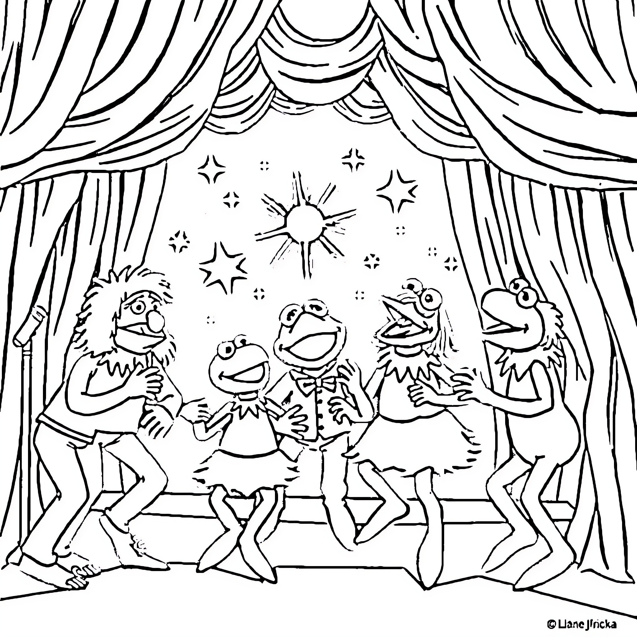 Muppet characters performing on stage with curtains Coloring Page (free black-and-white line drawing printable PDF for all, from beginners to advanced learners, including children, teens, adults, and seniors)