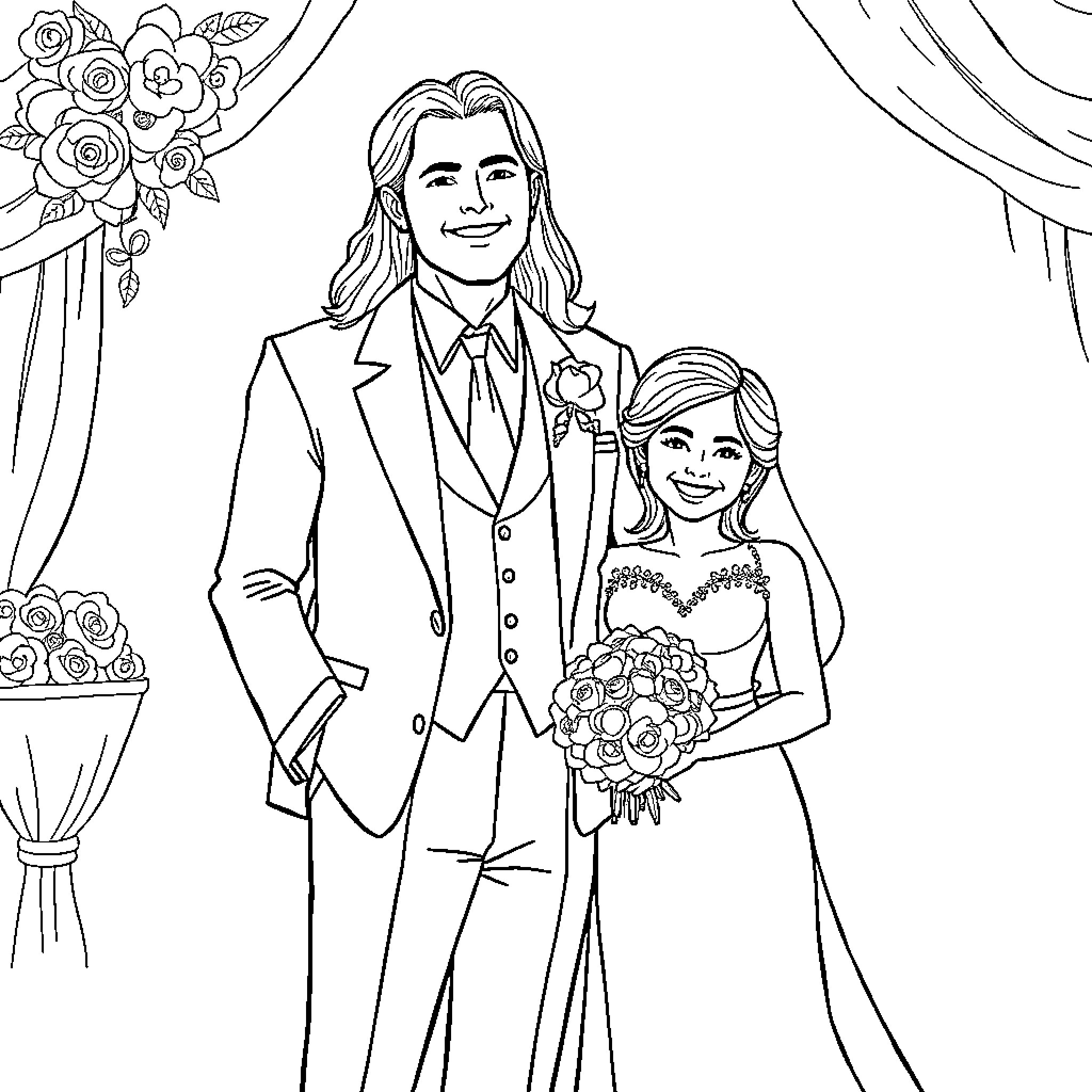 Wedding couple posing in formal attire Coloring Page (free black-and-white line drawing printable PDF for all, from beginners to advanced learners, including children, teens, adults, and seniors)