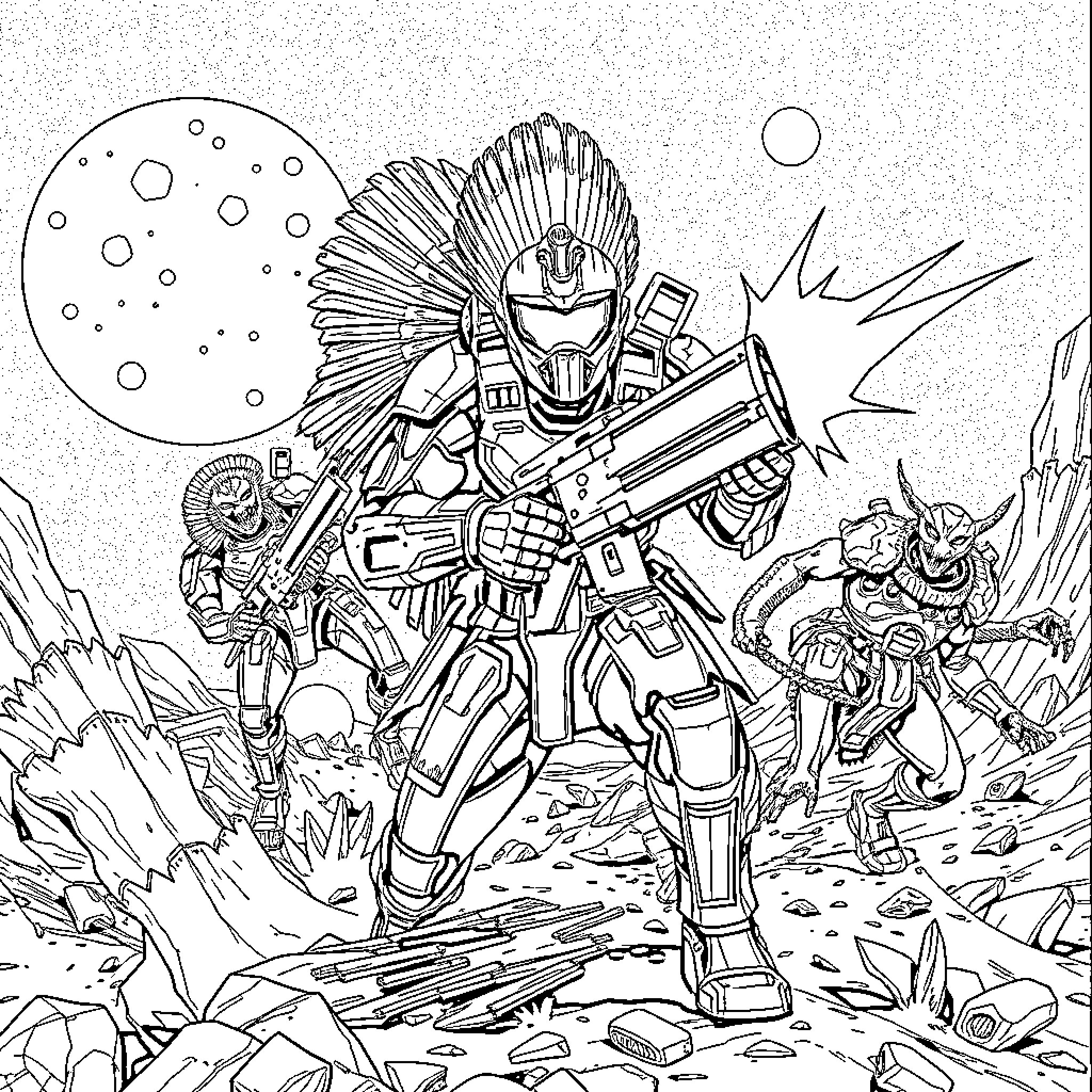 Halo Chief heroically fighting in space battle Coloring Page (free black-and-white line drawing printable PDF for all, from beginners to advanced learners, including children, teens, adults, and seniors)