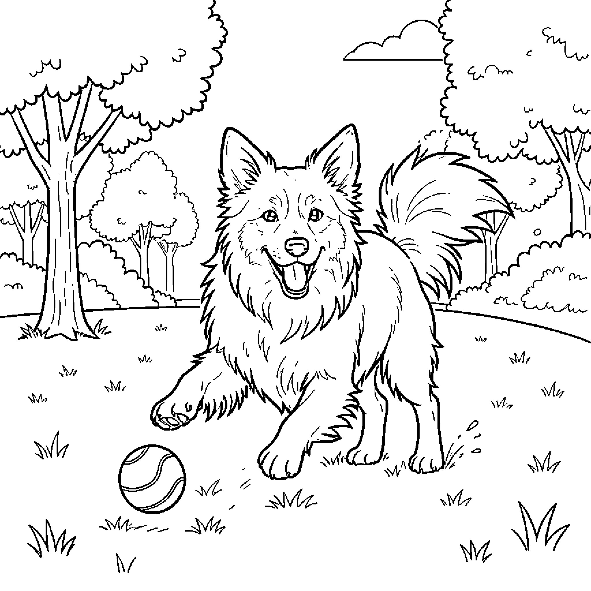 Border Collie running and playing with a ball Coloring Page (free black-and-white line drawing printable PDF for all, from beginners to advanced learners, including children, teens, adults, and seniors)