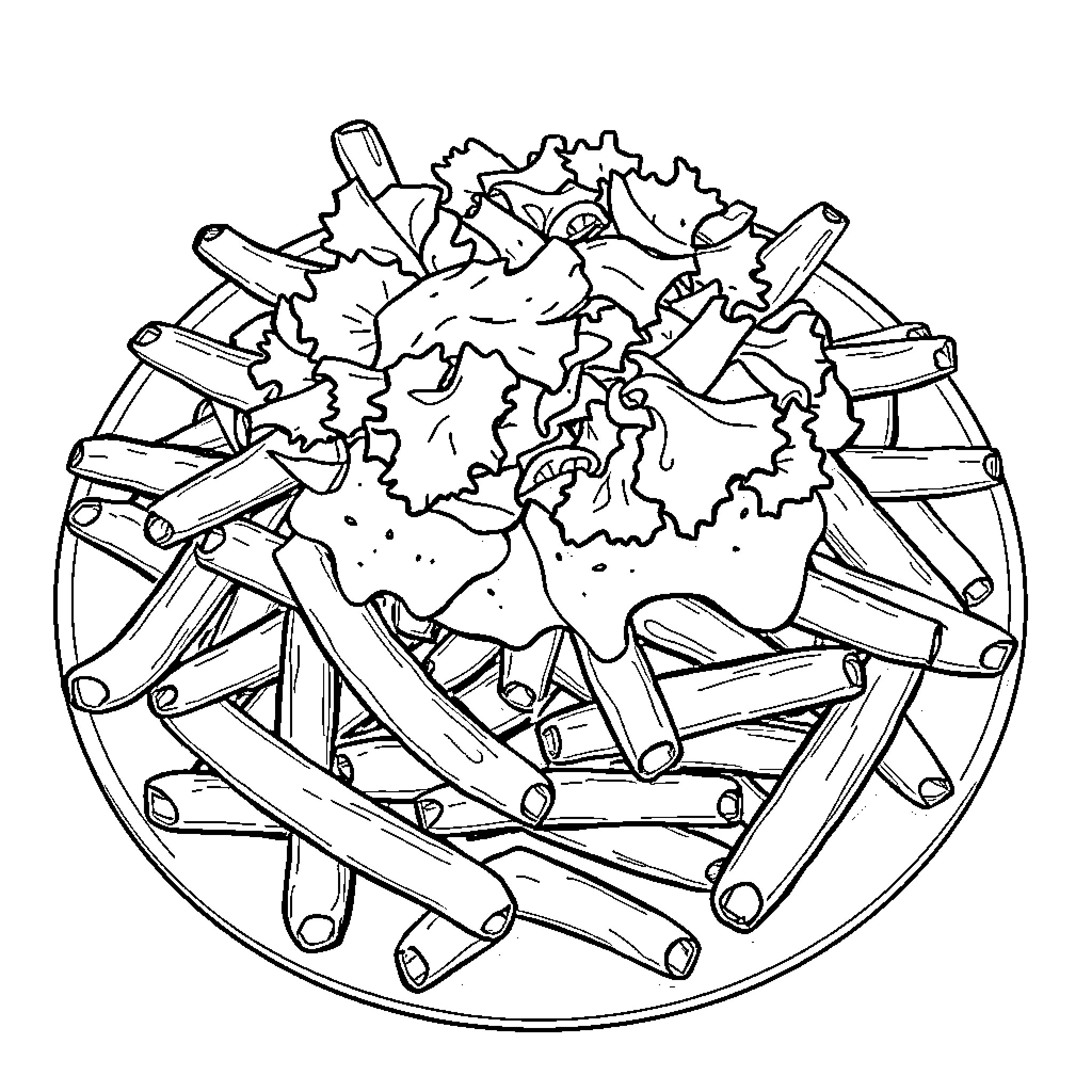 Fries surrounded by fast food utensils Coloring Page (free black-and-white line drawing printable PDF for all, from beginners to advanced learners, including children, teens, adults, and seniors)