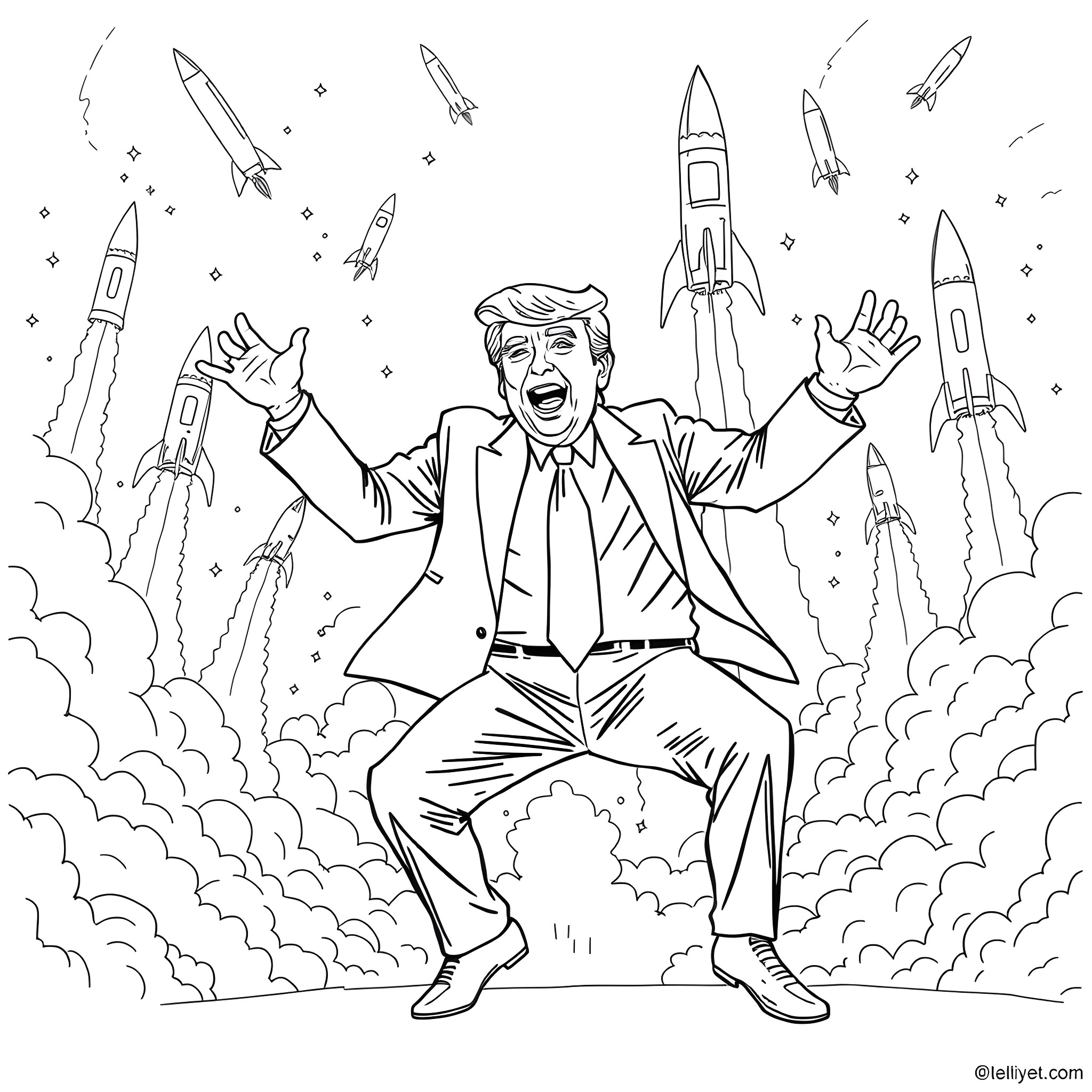 Trump celebrating launch of rockets in space Coloring Page (free black-and-white line drawing printable PDF for all, from beginners to advanced learners, including children, teens, adults, and seniors)