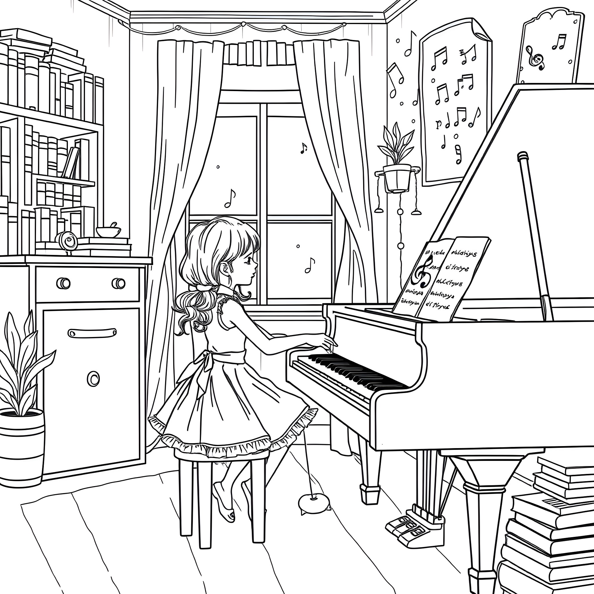 Piano Performance in a Cozy Music Room Coloring Page (free black-and-white line drawing printable PDF for all, from beginners to advanced learners, including children, teens, adults, and seniors)