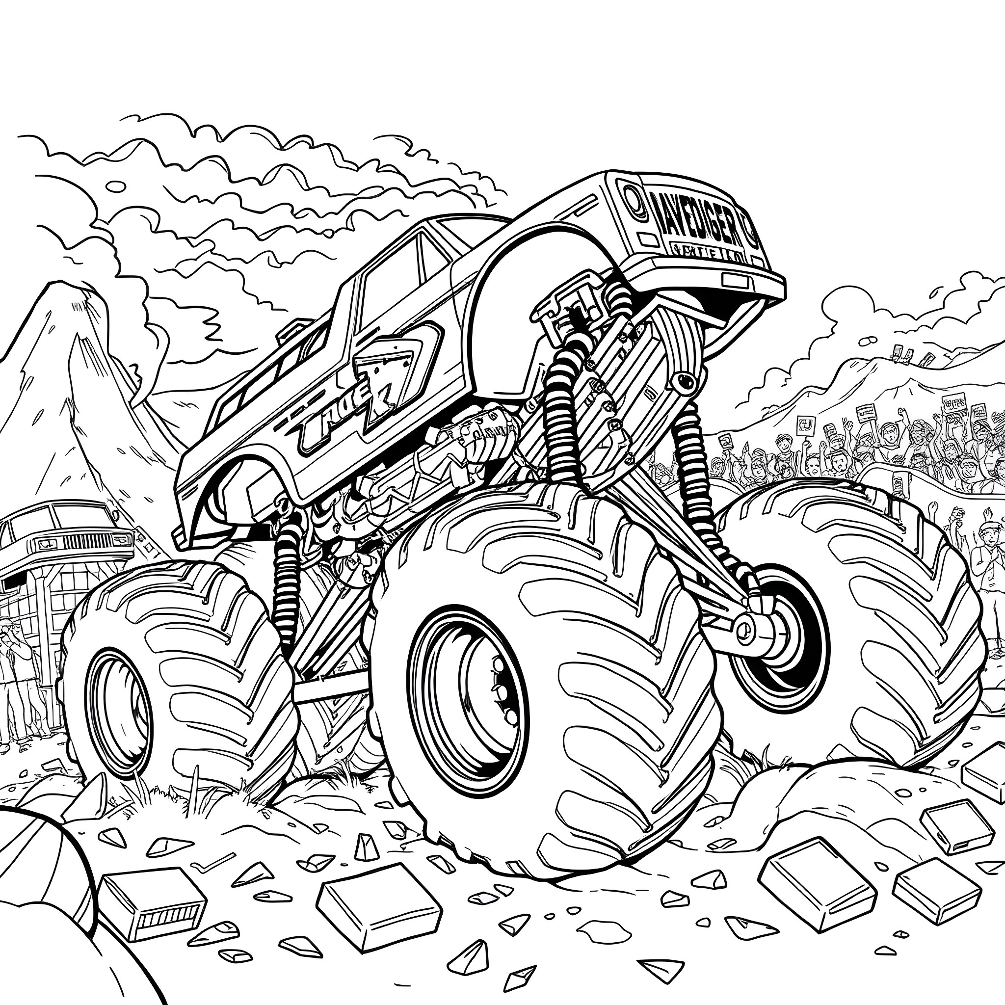Gravedigger Monster Truck Crushing Obstacles Coloring Page (free black-and-white line drawing printable PDF for all, from beginners to advanced learners, including children, teens, adults, and seniors)