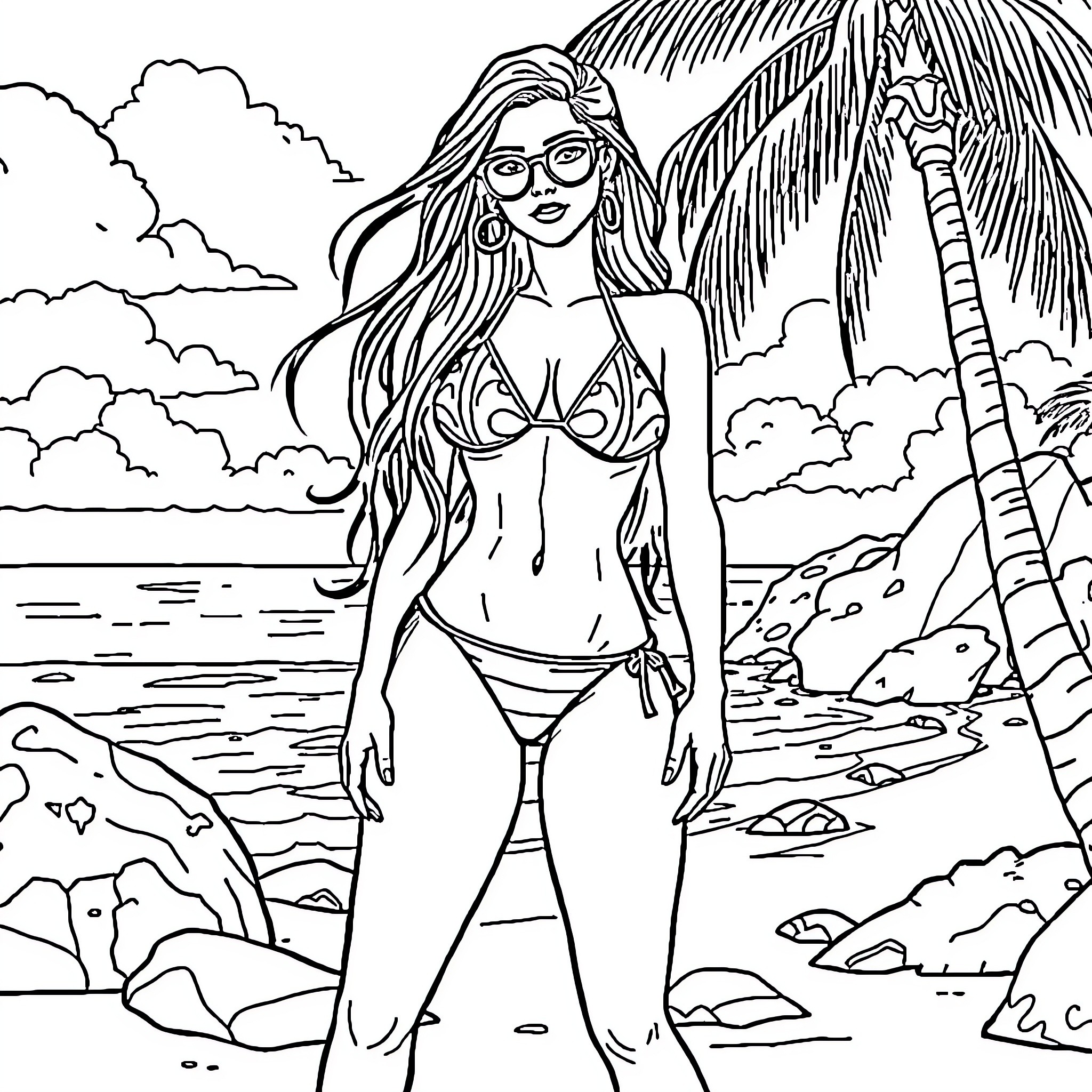 Magik woman in beach paradise Coloring Page (free black-and-white line drawing printable PDF for all, from beginners to advanced learners, including children, teens, adults, and seniors)